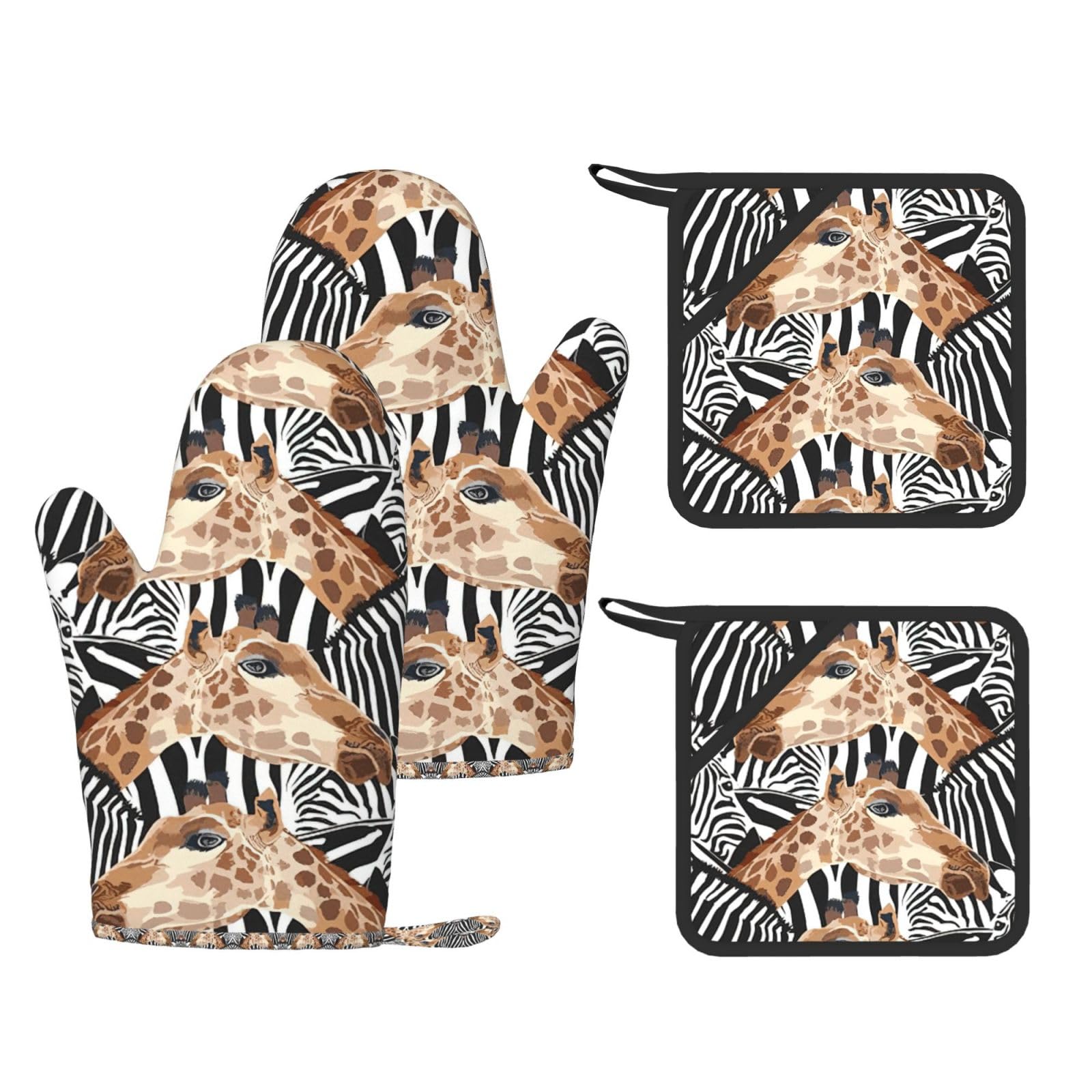 Zebra and Giraffe Printed Oven Gloves and Hot Pads Set of 4, High Heat Resistant Silicone Mitts for Cooking BBQ