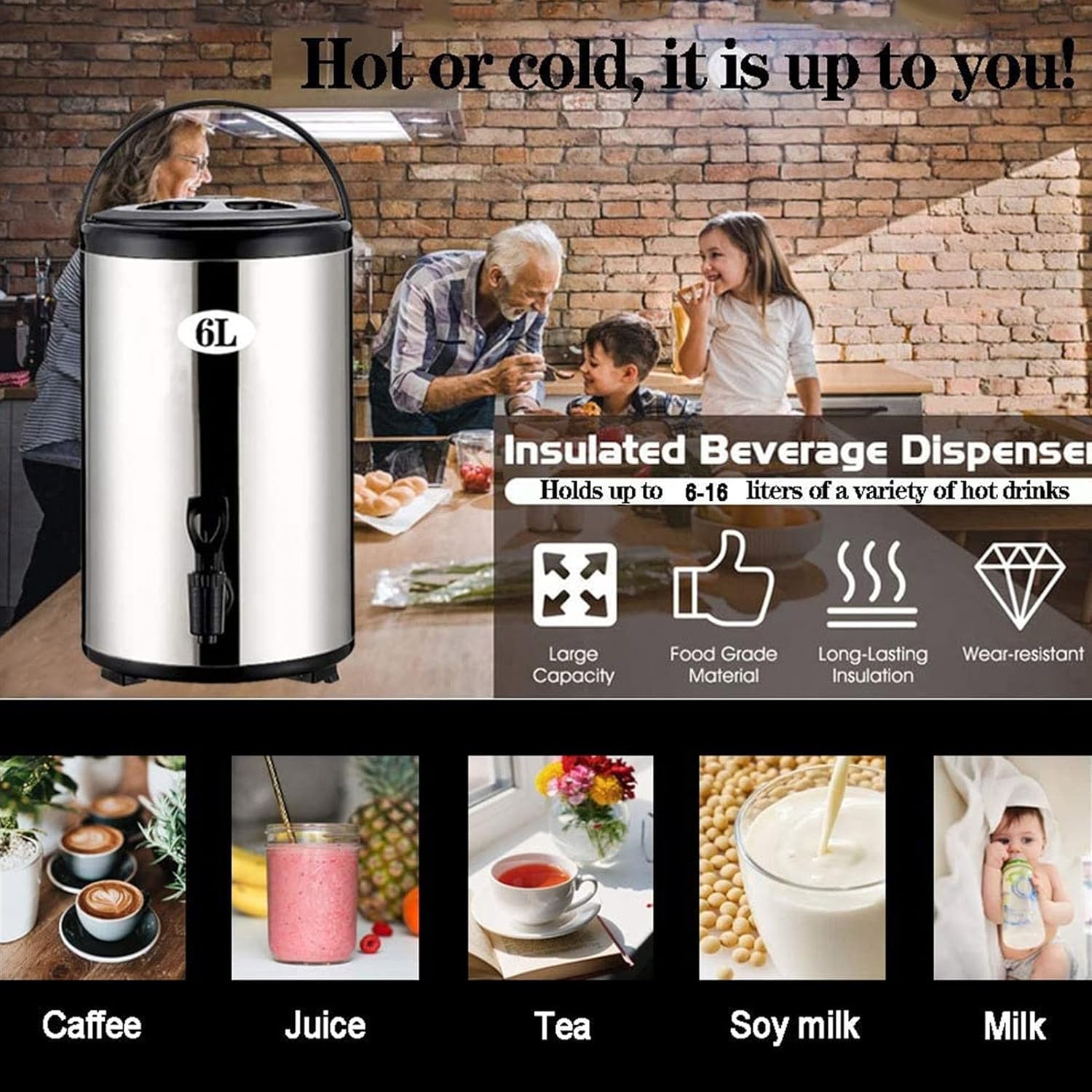 Drink Dispenser Hot & Cold Beverage Dispenser 304 Stainless Steel Large Capacity Hot Water Dispenser with Faucet and Foldable Tripod Kettle Thermostat Commercial and Home