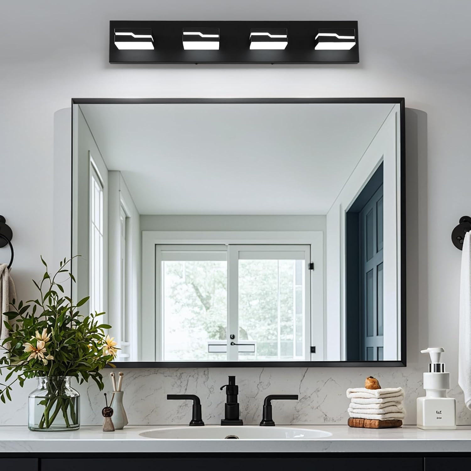 LED Modern Bathroom Vanity Light Fixtures 4-Light, 25.5 inch Dimmable Black Vanity Lights for Bathroom Lighting Fixtures Over Mirror, with 350°Rotatable Acrylic Heads(White Light 5500K)