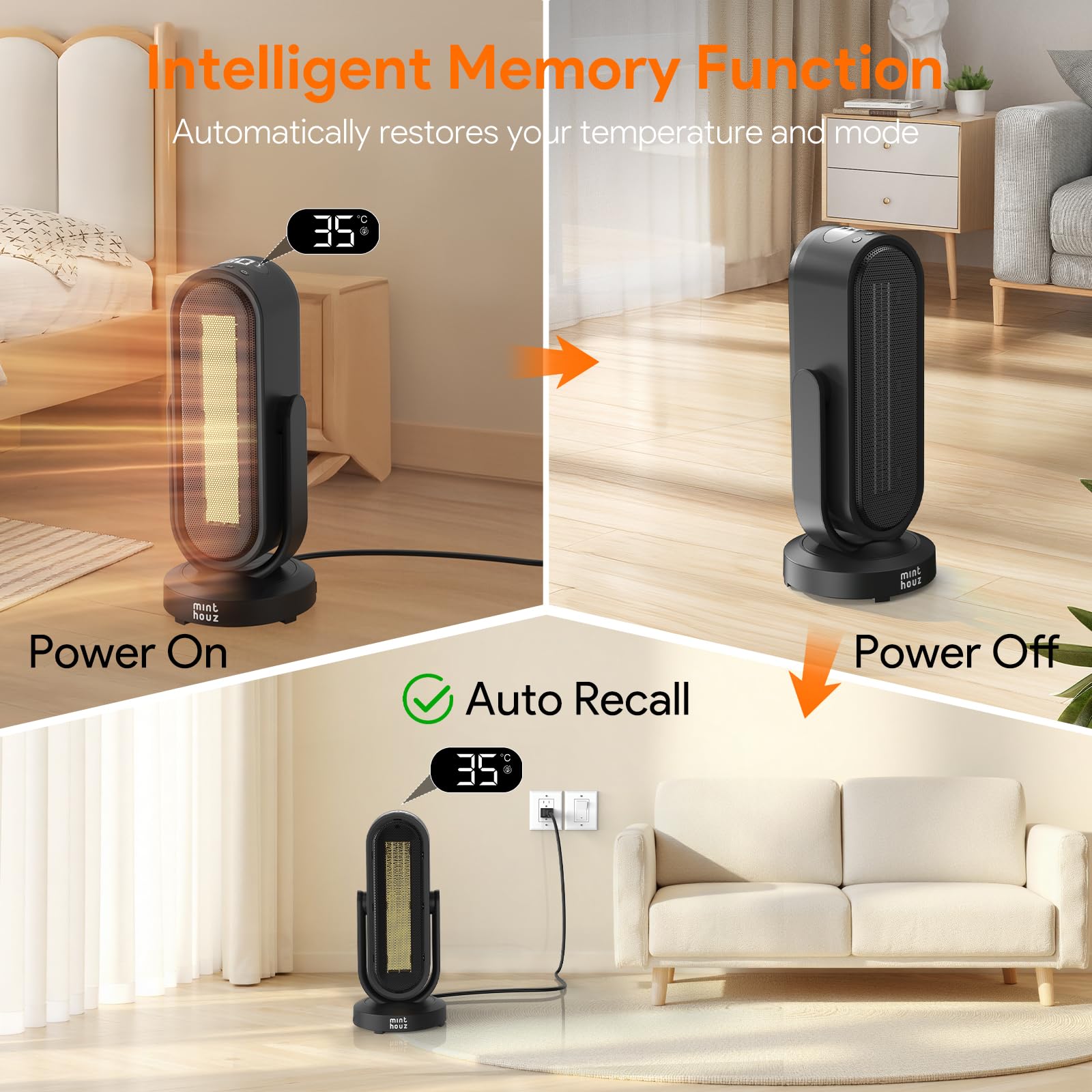 Minthouz Calefactor Cerámico PTC 1500W Bajo Consumo, Oscilación 4 Direcciones, Control Remoto, Termostato ECO, Temporizador 8H, Protección Antivuelco, Silencioso