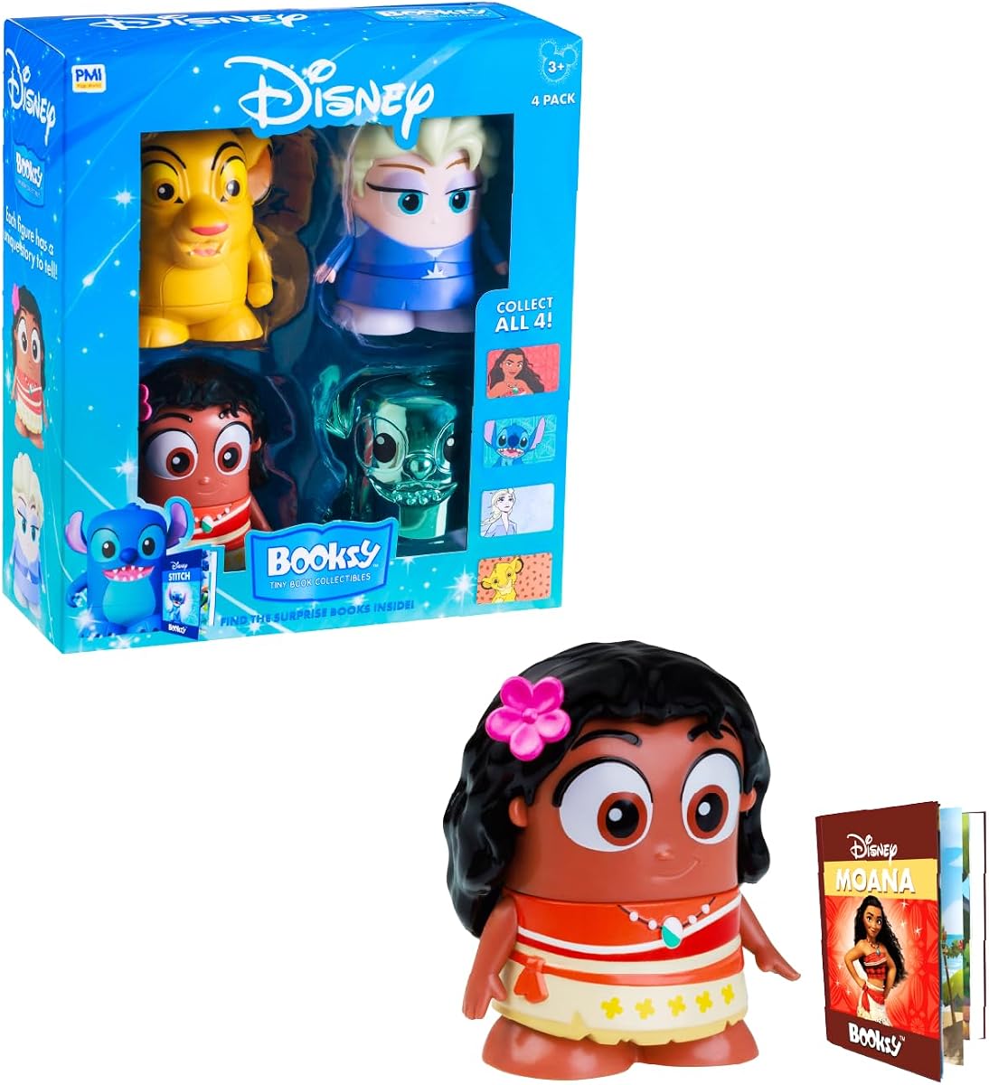 Coleccionables de Disney Booksy, mini libros de cuentos, Stitch, Simba, Elsa y Moana | Paquete de 4 con Stitch, Simba, ELsa y Moana, juguetes oficiales de Disney para niñas y niños de 3 a 8 años, juego de juguetes de lectura