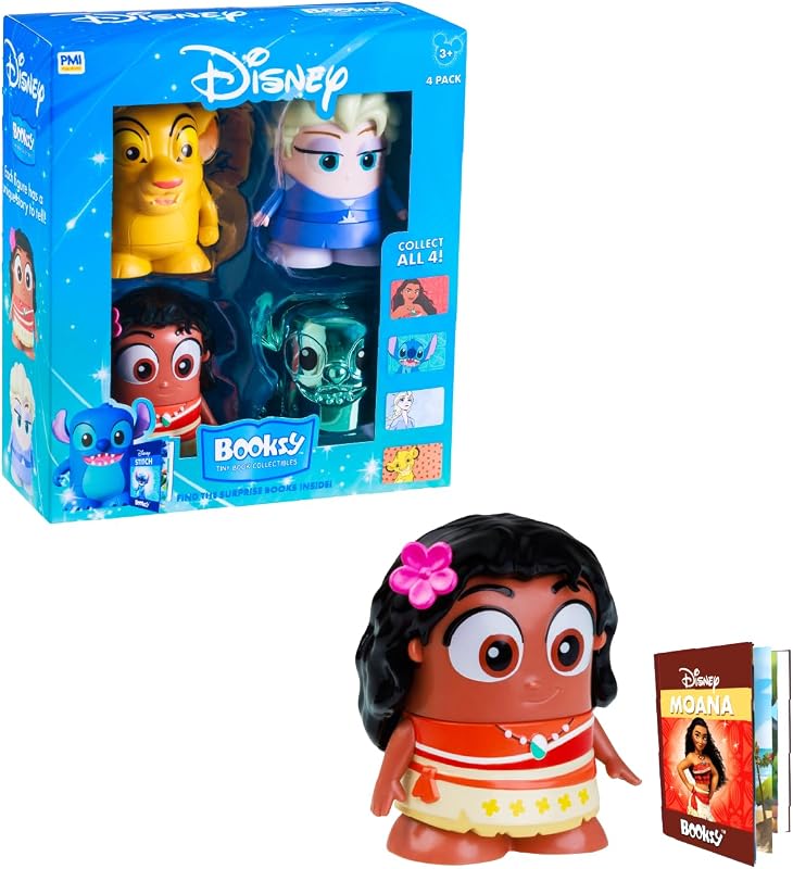 Disney Booksy Collectibles, Mini Storybooks, Stitch, Simba, Elsa & Moana | 4 Pack with Stitch, Simba, ELsa & Moana, Officially Licensed Disney Toys for Girls & Boys Ages 3-8, Reading Toy Set