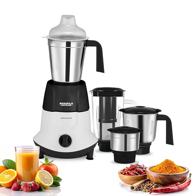 Maharaja Whiteline Odacio Elite Mixer Grinder With 4 Jars | 750 Watt | 20,000 RMP Motor | Stainless Steel Blade | 2 Years Warranty | Black & White