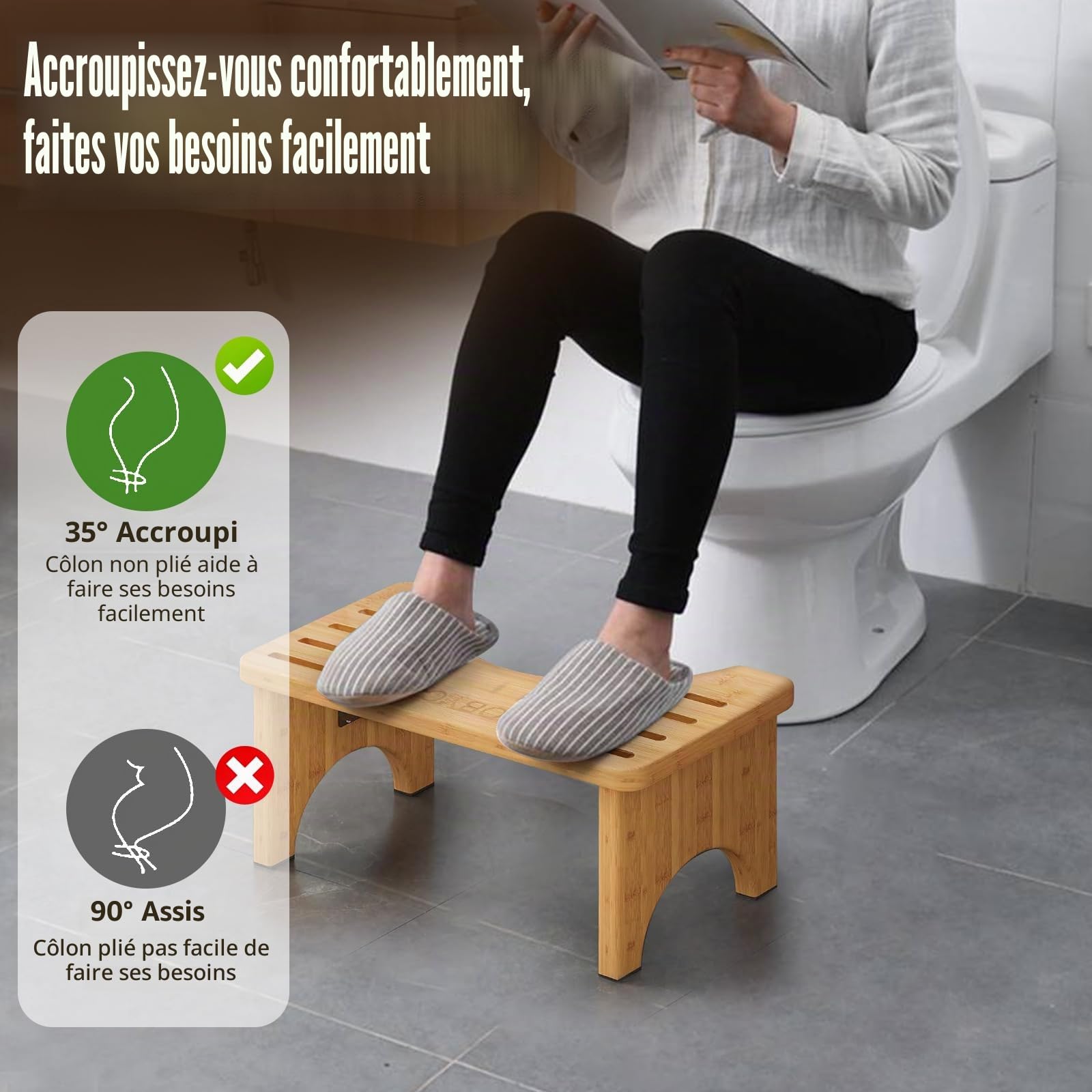 Tabouret de Toilette en Bambou Pliable Ergonomique - Marche Pied WC Stable Antidérapant Compact et Portable - Aide à Soulager la Constipation et Les Ballonnements - Adultes & Enfants
