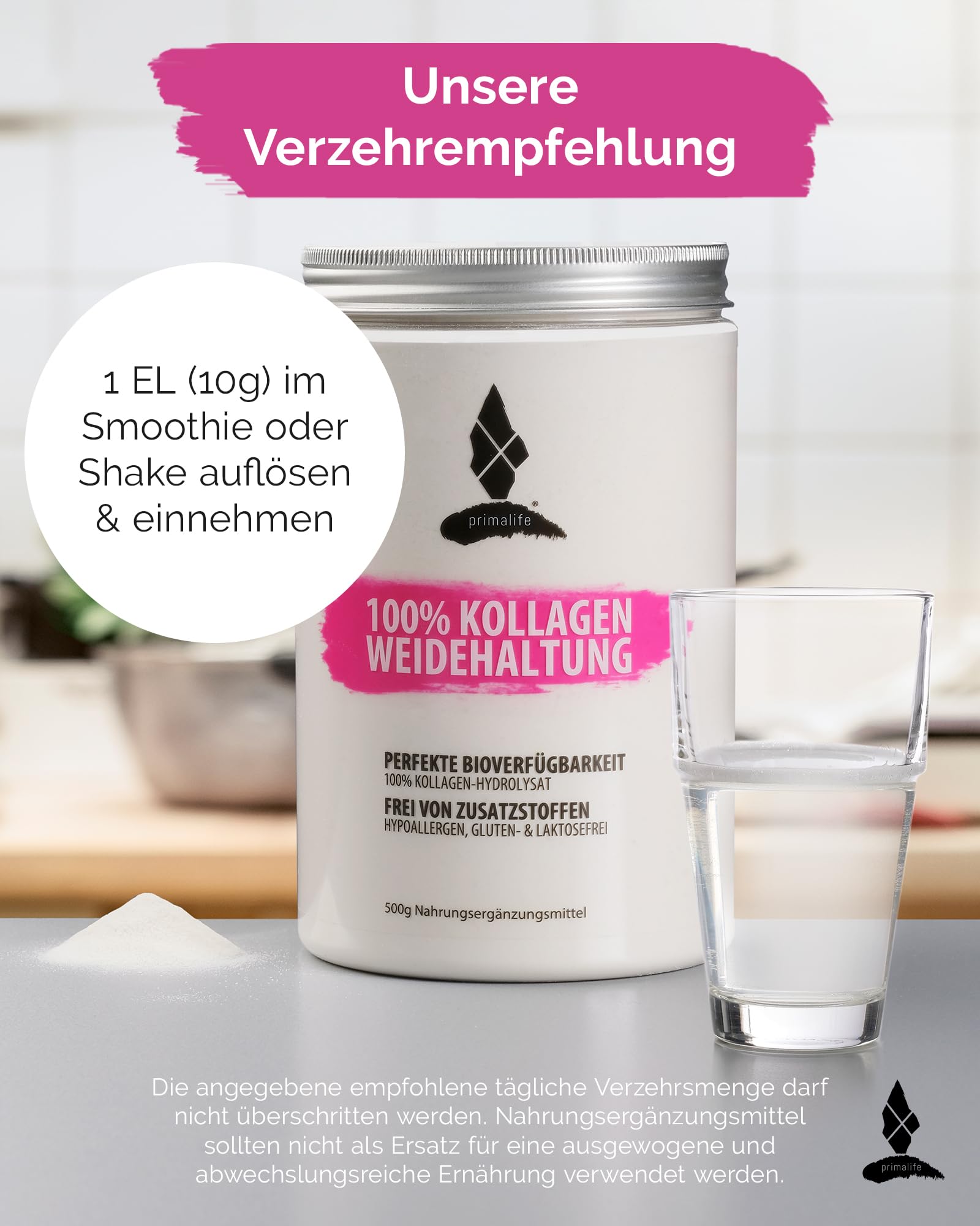 Collagen Pulver 500g - 100% reines Kollagen Pulver aus Weidehaltung - Hoher Proteingehalt mit 9,6g Eiweiß pro Portion - Mit Kollagen Peptiden Typ 1, 2 & 3