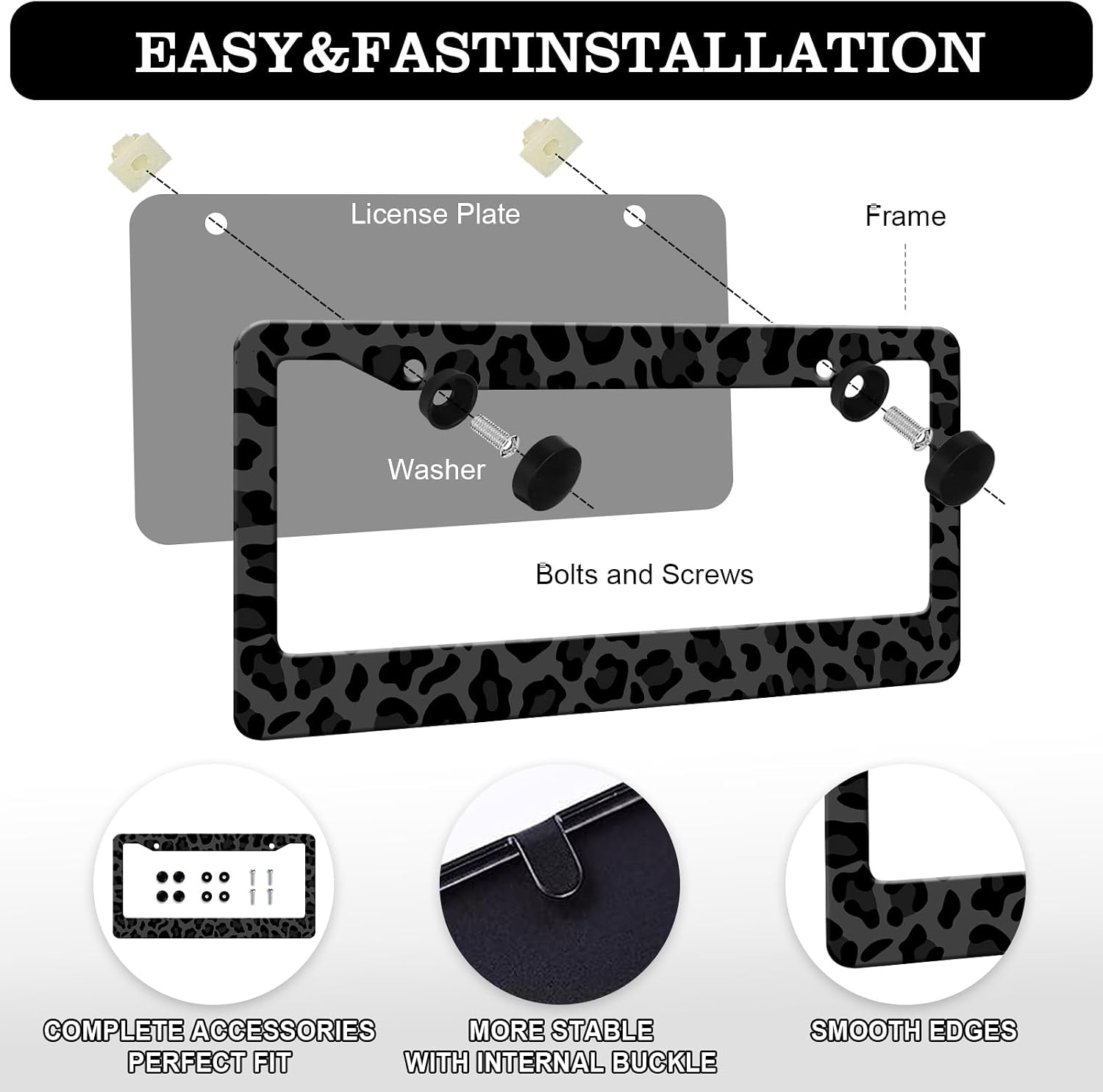 Black Leopard Print License Plate Frames - 2 Pack Animal Cheetah Print License Plate Holder Covers, Aluminum Metal Rust-Proof Waterproof Car Tag Frame with Screws Fasteners Caps