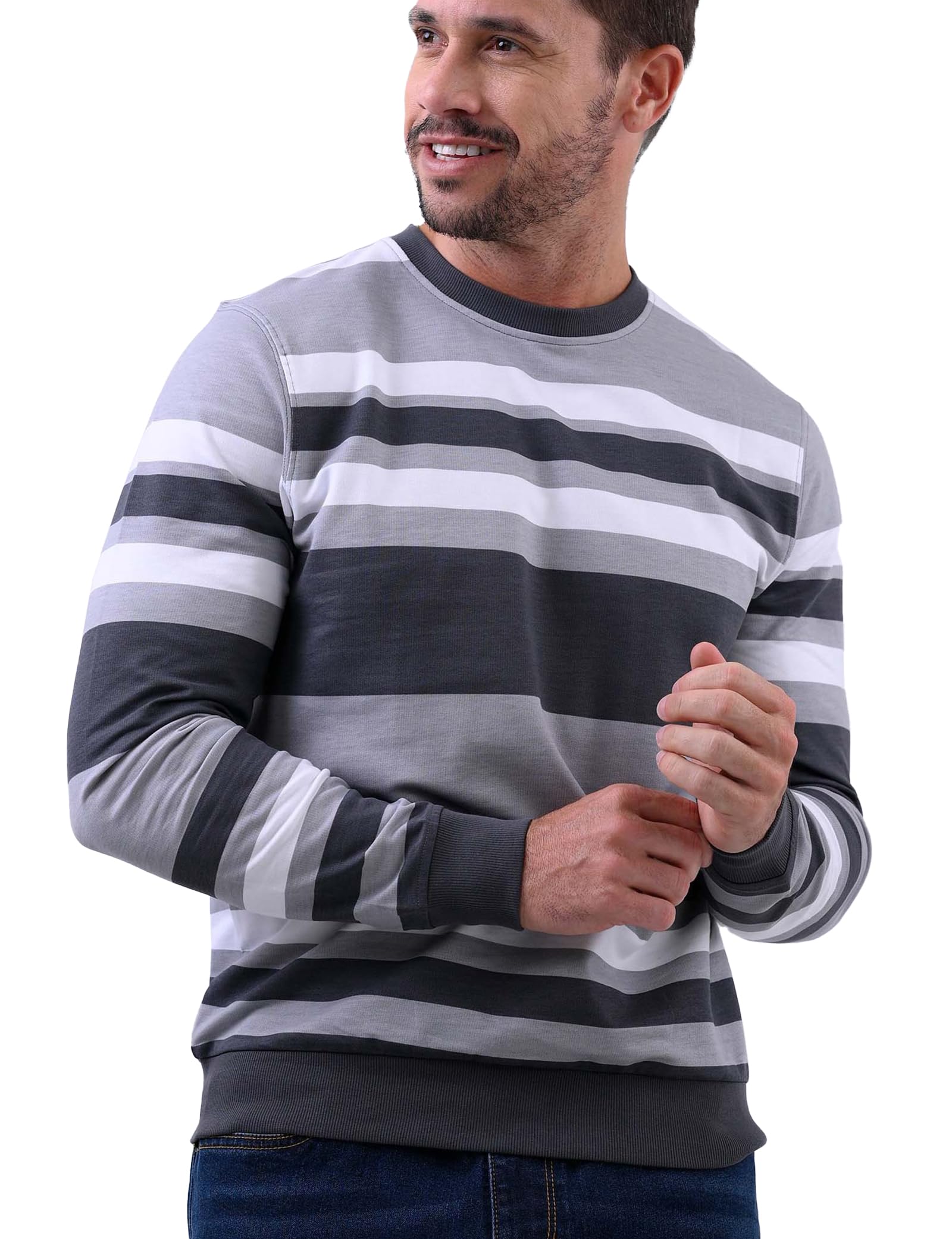 Enorsia Men’s Stripe Crew Neck Sweatshirt – Premium Cotton Terry Pullover Regular Fit Jumper – Soft Breathable Casual Layering Men’s Sweatshirt for Everyday Comfort - Grey, Size X-Large UK