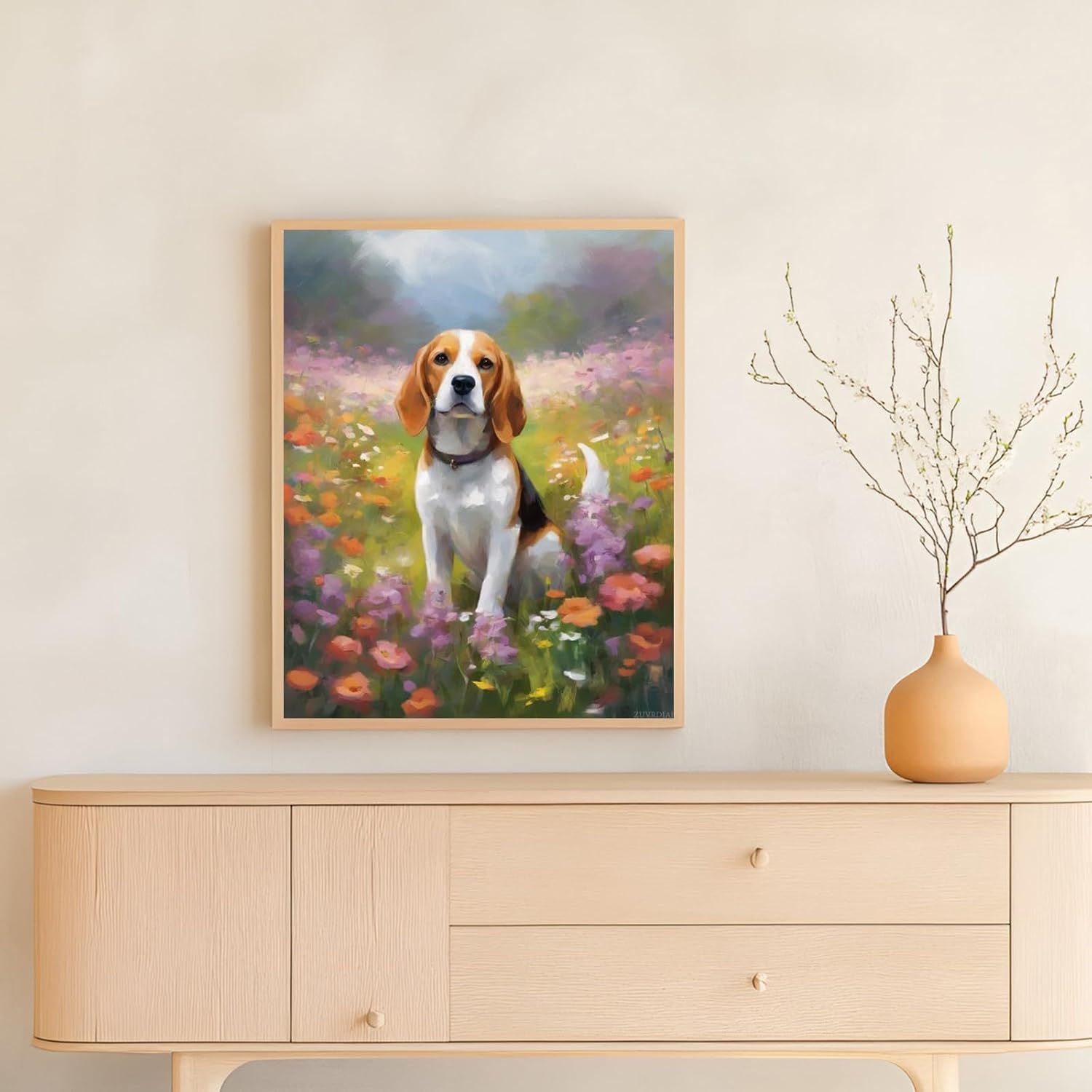 ZUVRDIAI DIY Oil Painting Paint by Number Kit for Adults Beginner Beagle Dog on Flower Meadow DIY Canvas Painting by Numbers Arts Craft for Home Decoration, 40x50cm No Frame