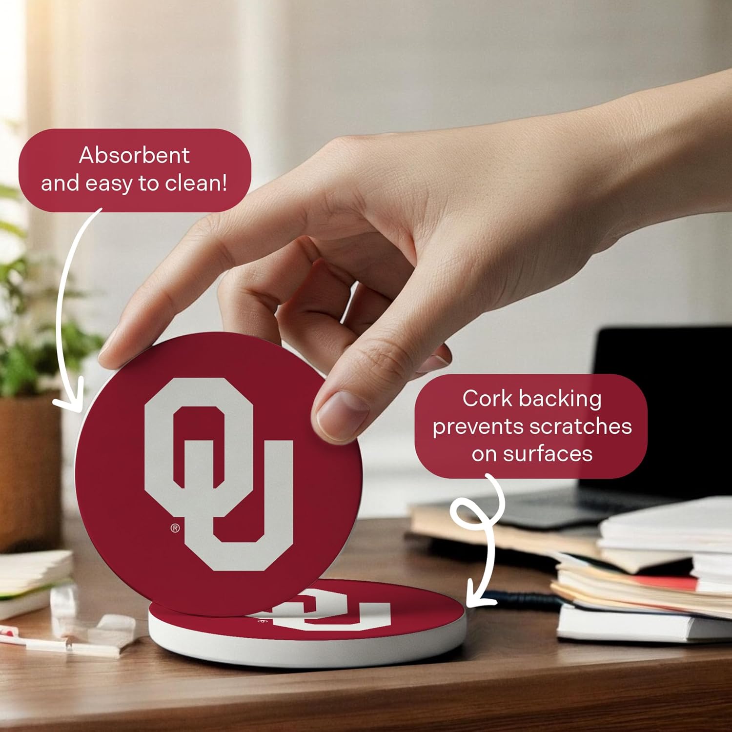 Desert Cactus The University of Oklahoma Circle Ceramic Coasters 4 Pack Sooners Absorbent Drink Coasters with Cork Backing (Design A) - Image 5