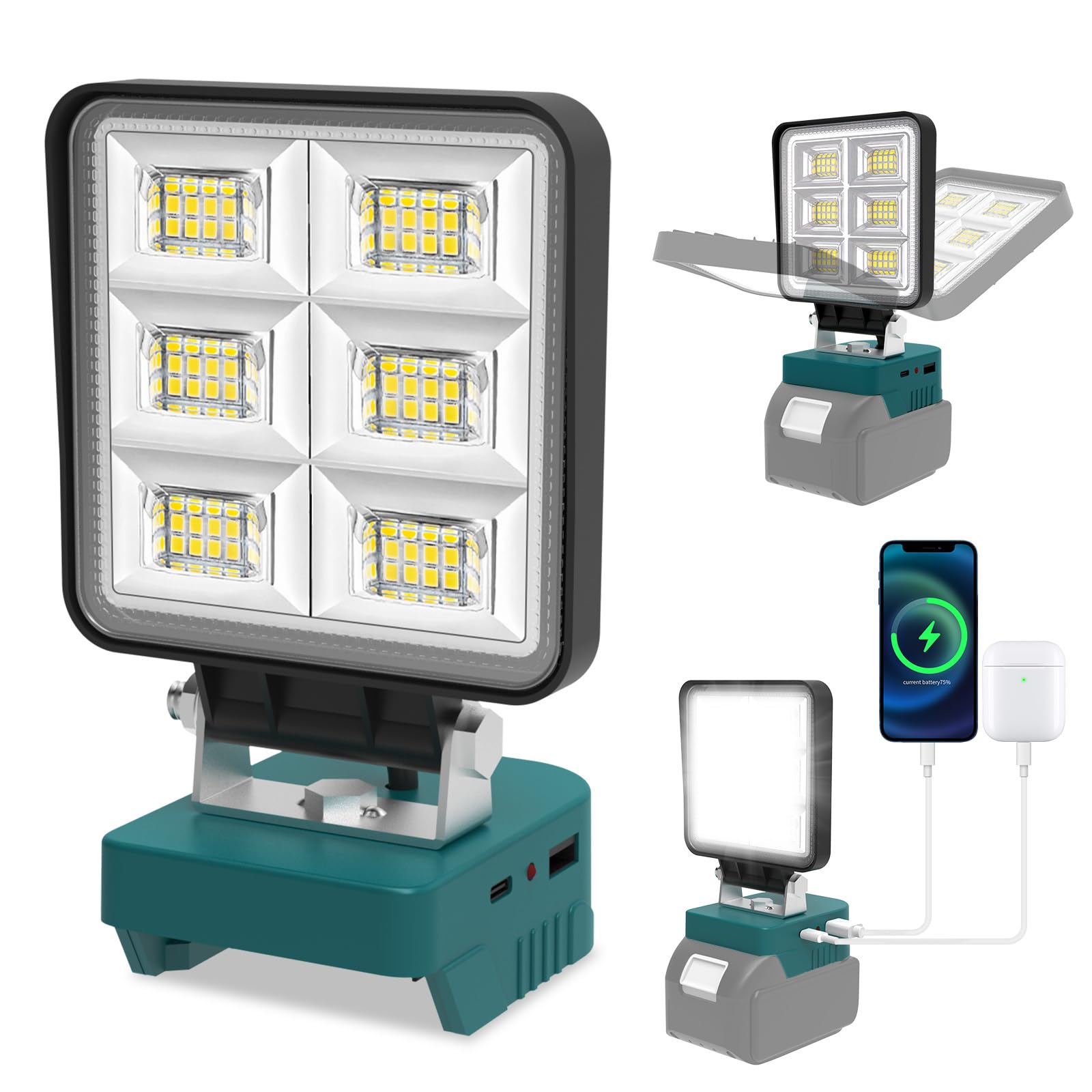 CORESLUX Akku Lampe für Makita 18V, 48W 5200LM LED Arbeitsleuchte | Kabellose Baustrahler, 2 Helligkeitsstufen, USB-C Aufladung, Tragbar Flutlichter für Werkstatt & Camping (Ohne Akku)