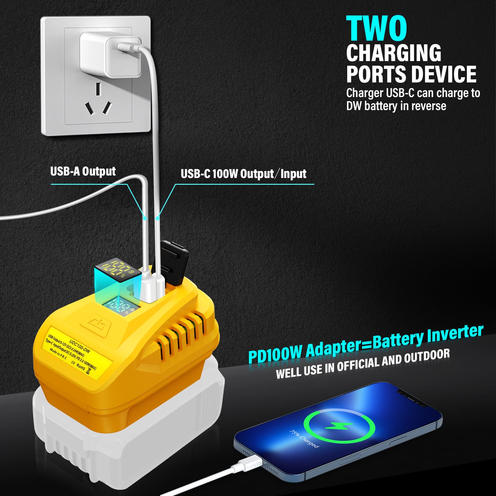 100W USB Wall Charging Kit Adapter for DeWalt 20V Battery, Replace for DCB094, QC3.0 Type-C and USB Port, with LED Display (Battery not Included)