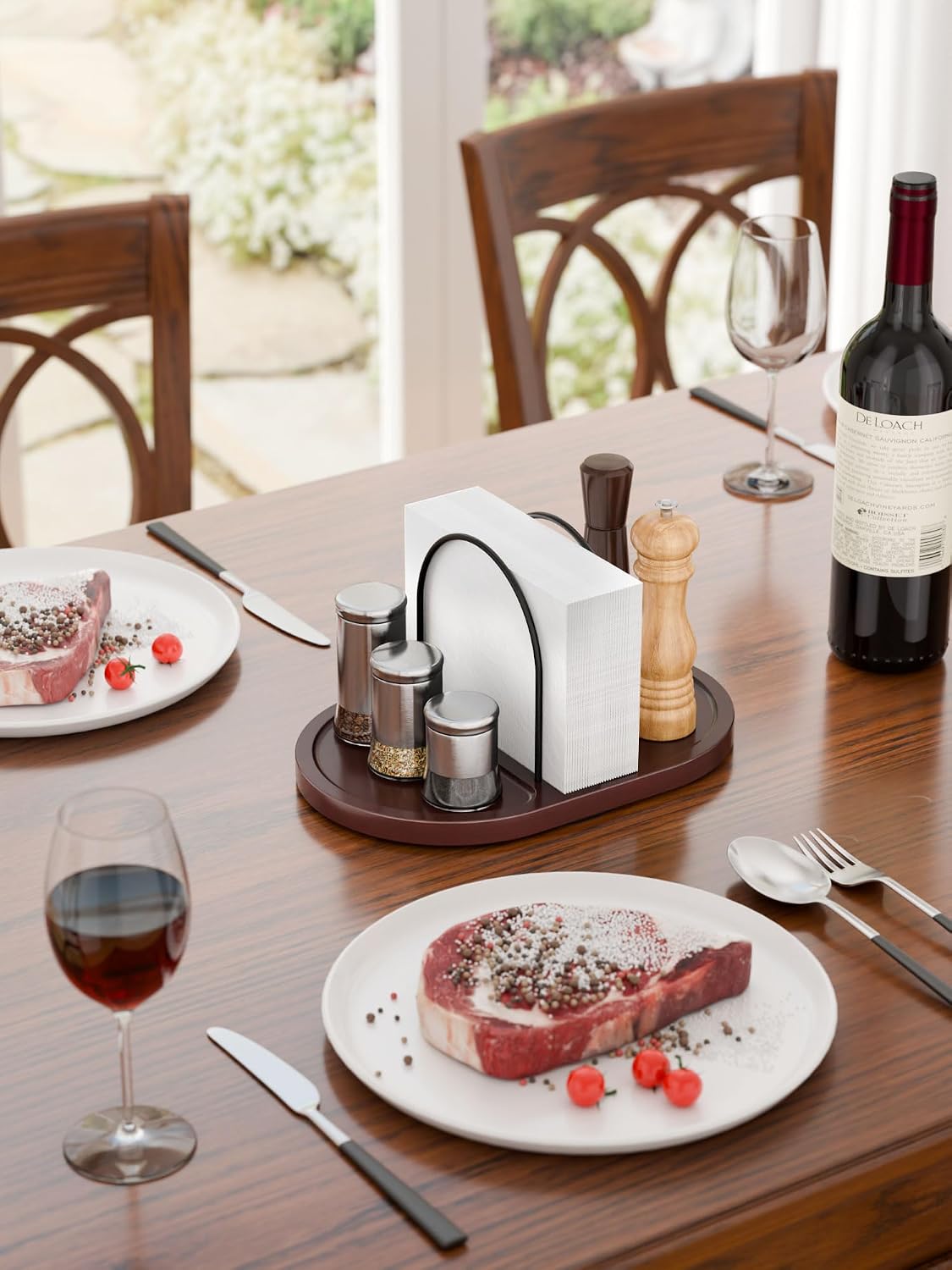 Walnut Rotating Napkin Holder with Salt & Pepper Shaker Storage