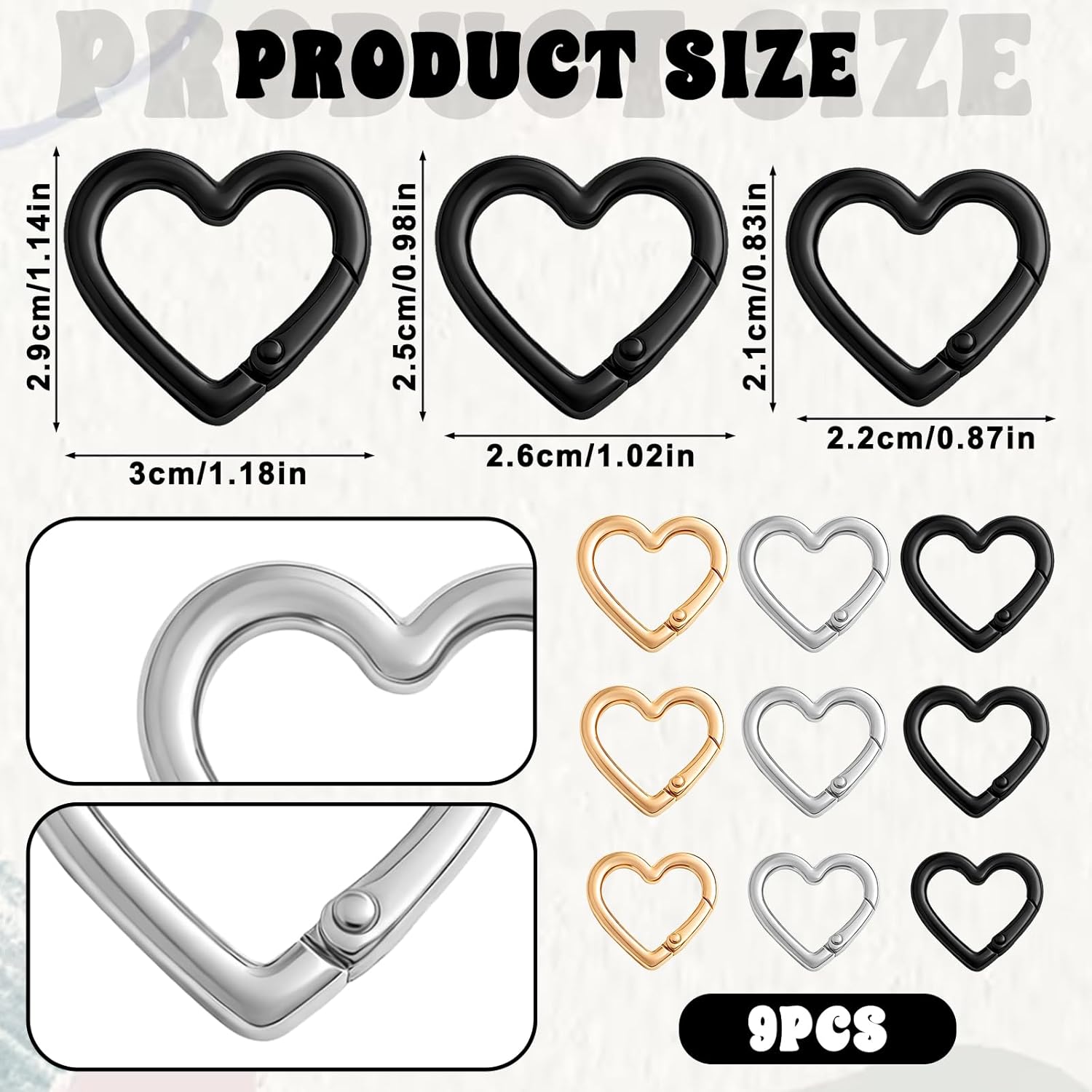 9Pcs 3 Sizes Heart Carabiner, Zinc Alloy Cute Small Carabiner Keychain Clip Spring Snap Clasp Hook Key Ring for Camping Hiking Fishing Traveling (Gold,Silver,Black) - Image 2