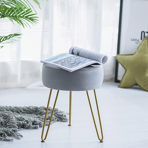 Miniatura 12 de GERANT Taburetes de tocador multifuncionales – Taburete otomano redondo de terciopelo moderno – Taburete tapizado – Taburete de mesa auxiliar con