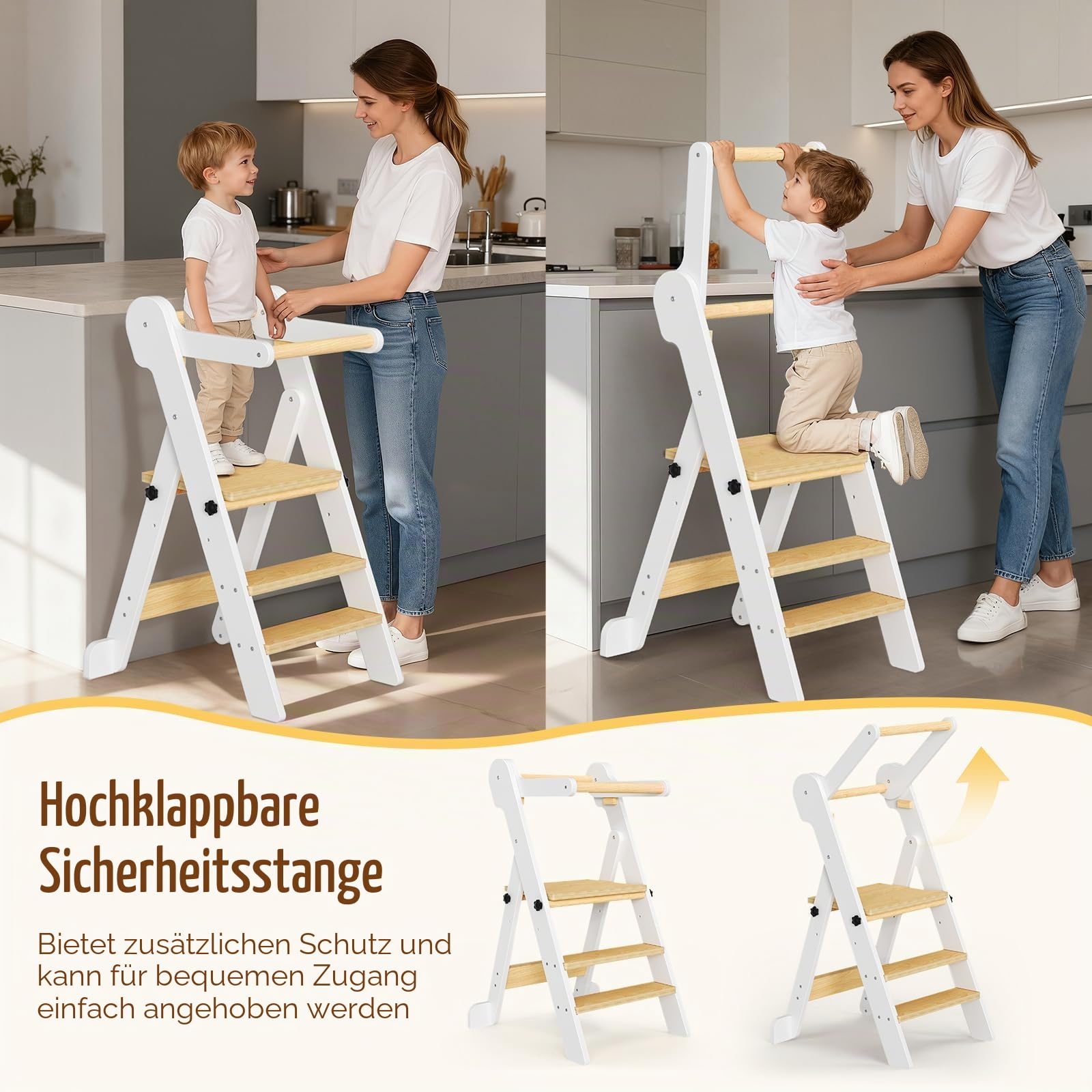 Montessori Lernturm für Kinder - Lerntower Verstellbarer Küchenhelfer mit Sicherheitsgel änder, Klapsbarer Lernturm Activity Tower für Kleinkind ab 1 Jahr, Natürliches Holz (Buche)
