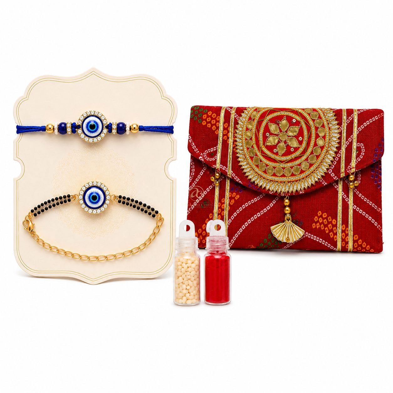 Arrakasta Crafts Designer Rakhi Combo With Rajasthani Bandhej Envelope Clutch Purse For Women, Raksha Bandhan Hamper Rakhi Gift For Sister Bhabhi | Reusable Bandhani Money Cash Cover Shagun Envelope (1 Pair Mangalsutra Bracelet Evil Eye Rakhi With 1 Bandhani Envelope/)-image-11