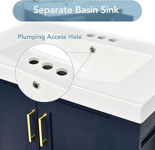 Miniatura 7 de Aiuyesuo Tocador de baño de 30 pulgadas con lavabo separado, armario de almacenamiento de baño moderno con estante de almacenamiento de doble cara,