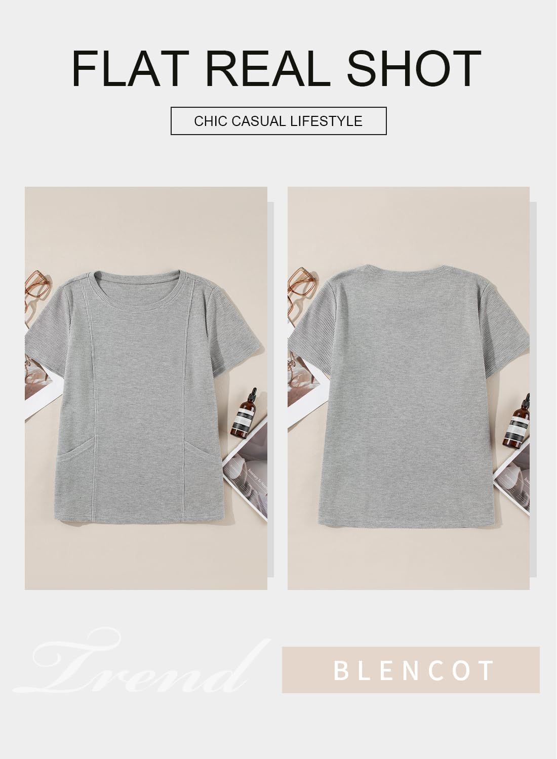 BLENCOT Women's Short Sleeve Shirt Top for Women Trendy Crew Neck Blouse Basic Waffle Tshirts Tunic with Pocket - Image 4