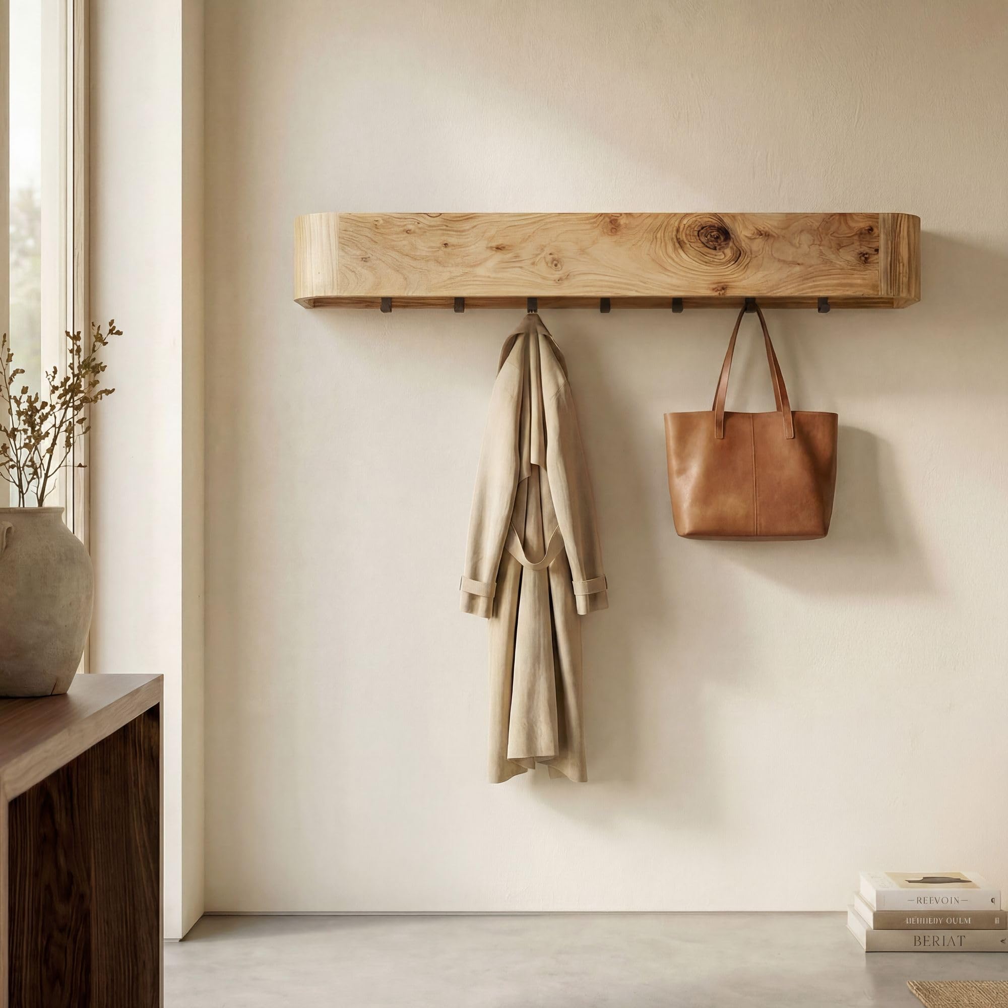 FineBuy Wieszak Ścienny 100x20x20 cm Lite Drewno Akacjowe, 7 Haczyki | organiczny panel garderobiany w stylu skandynawskim, wieszak ścienny z drewna, listwa z haczykami ręcznie wykonana
