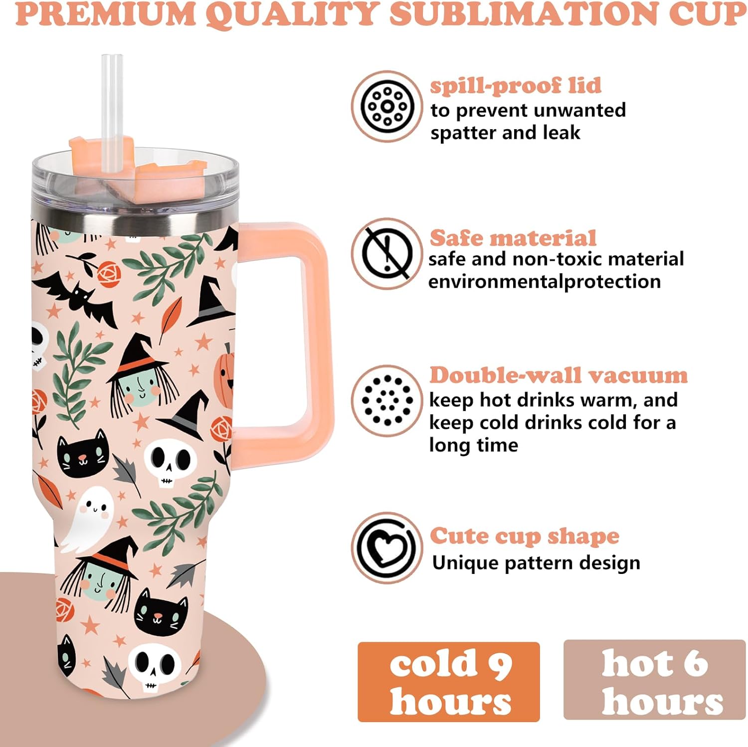 JarThenaAMCS 40oz Halloween Tumbler with Handle Straw and Lid Spooky Skull Ghost Pumpkin Travel Tumbler Coffee Cup for Holiday Party Home Office - Image 4
