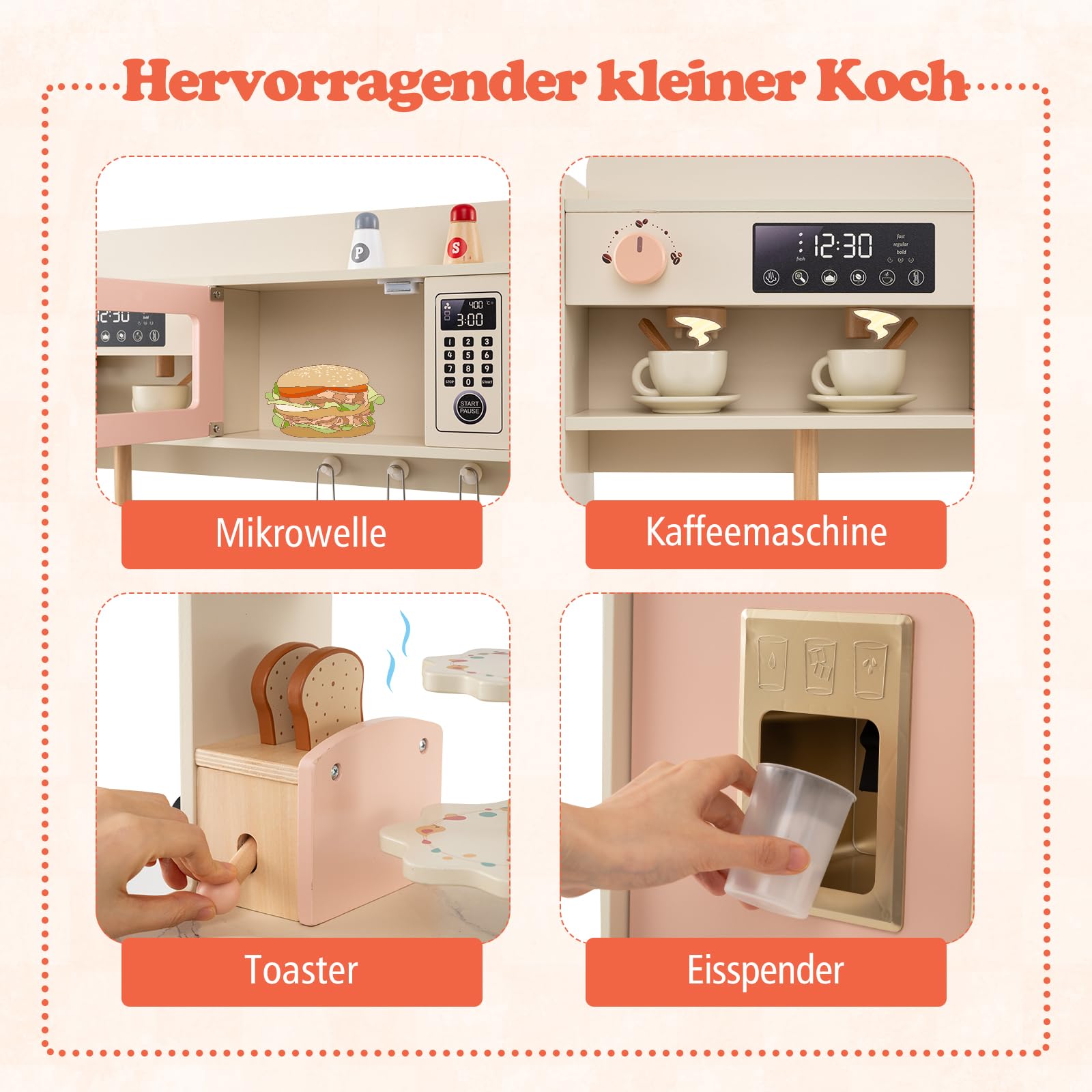COSTWAY Kuchnia dziecięca, kuchnia do zabawy z 22 akcesoriami, drewniana kuchnia z kuchenką, kranem, kuchenką mikrofalową, ekspresem do kawy, tosterem i dozownikiem lodu, światło i dźwięk, kuchnia