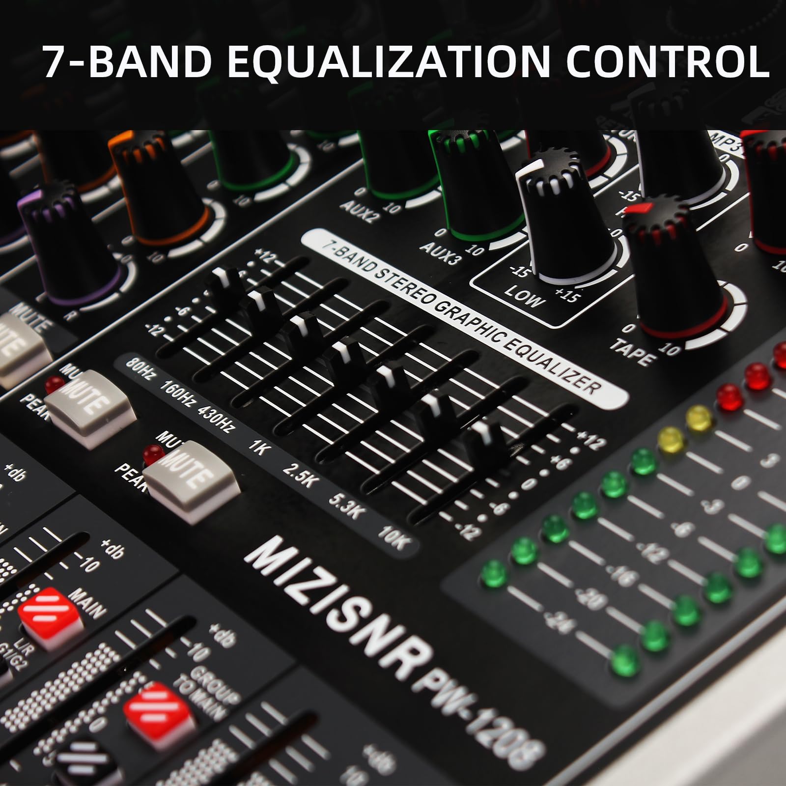 Mezclador de Audio Profesional de 12 Canales con 99 Efectos DSP, 7 Bandas EQ Digital, Bluetooth y USB