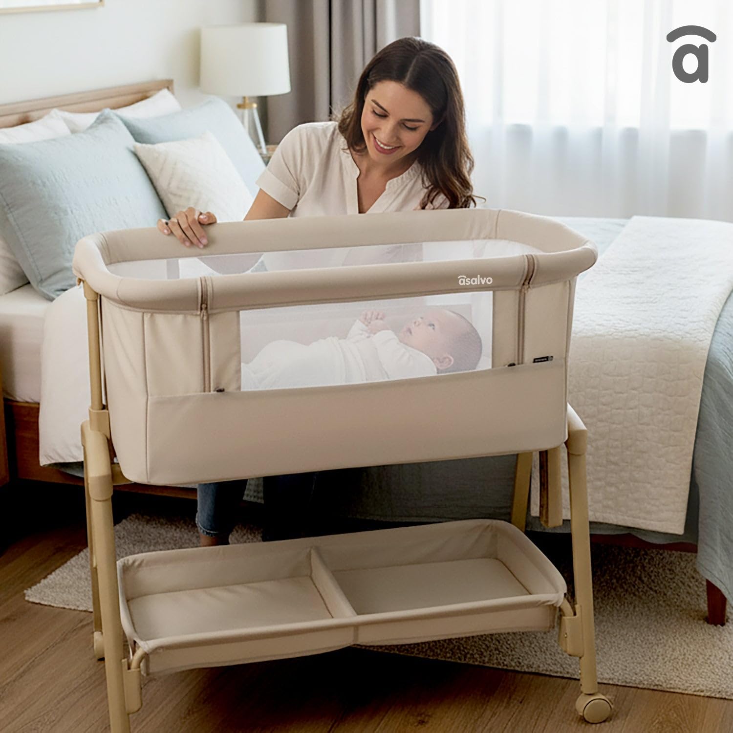Asalvo Smart - Lettino 2 in 1 con 7 altezze regolabili, ruote con freni, materasso incluso, mini culla per neonati (beige)