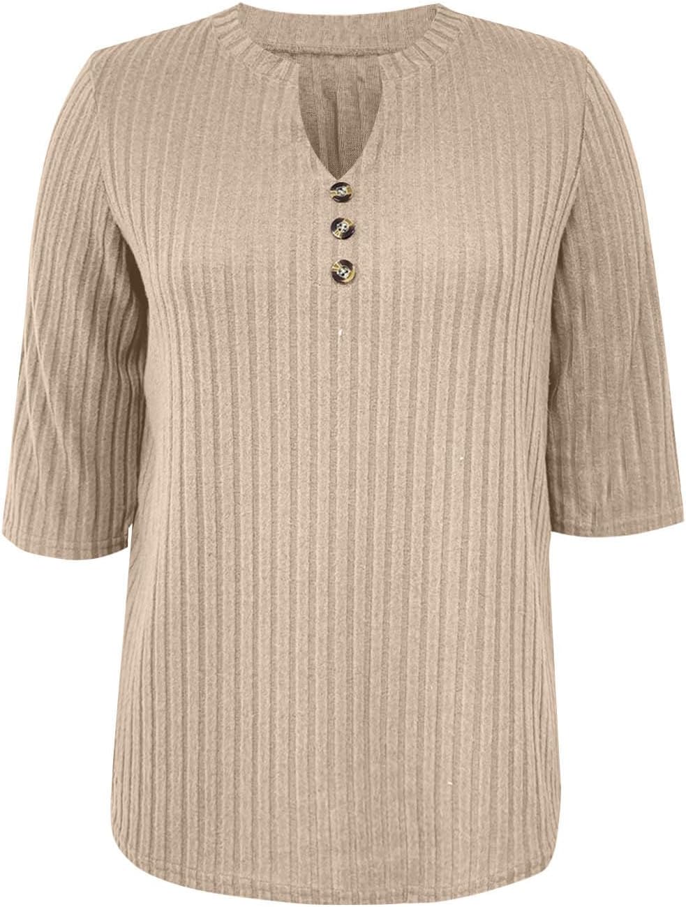 Women's 3/4 Sleeve Tops Button V Neck Ribbed Knit Basic T Shirts Lightweight Sweater Going Out Clothes Outfits