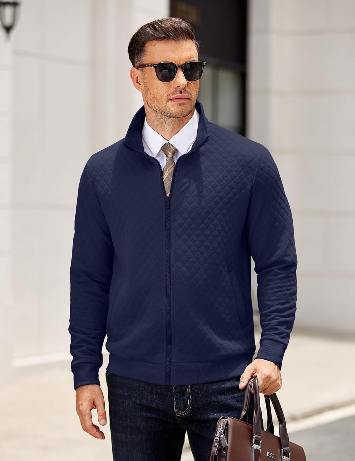 COOFANDY Men's Quilted Full Zip Sweatshirt Zip Up Jacket Lightweight Stand Up Collar Jacket Hoodless Sweatshirt Navy - Image 5