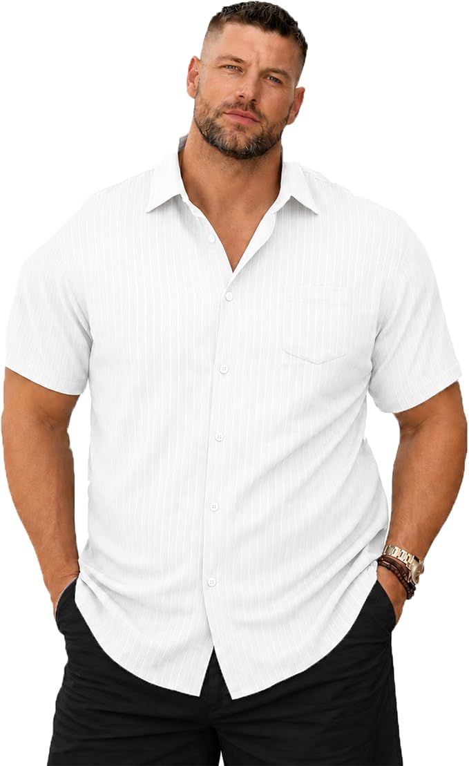 Weecreeture Men's Big and Tall Hawaiian Textured Stripe Button Up Shirt