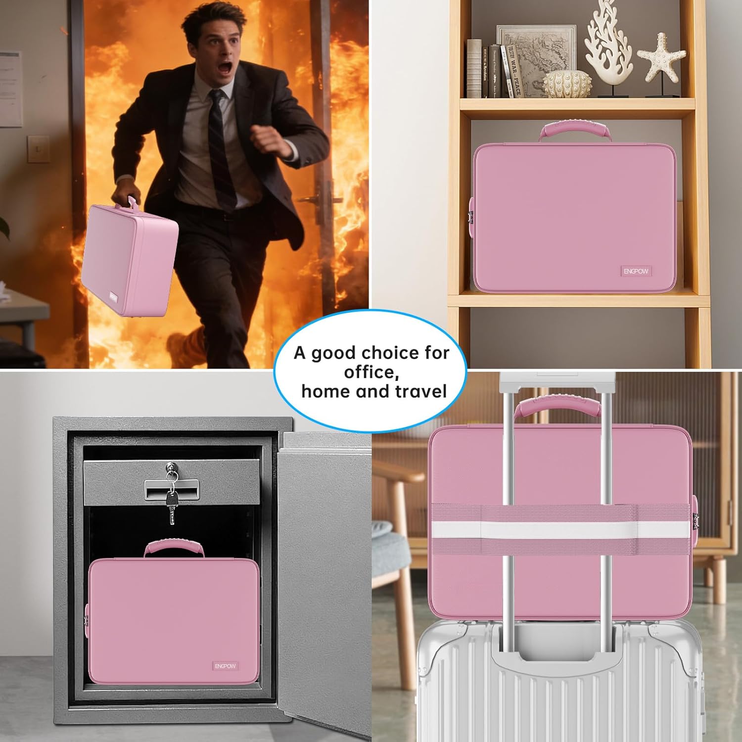 ENGPOW Fireproof File Organizer Bag with 13 Colorful Pockets Accordion File Folder,5200℉ Document Organizer Box with Lock&Labels,Multi-Layer Portable Home Safe Storage for Important Documents,Pink