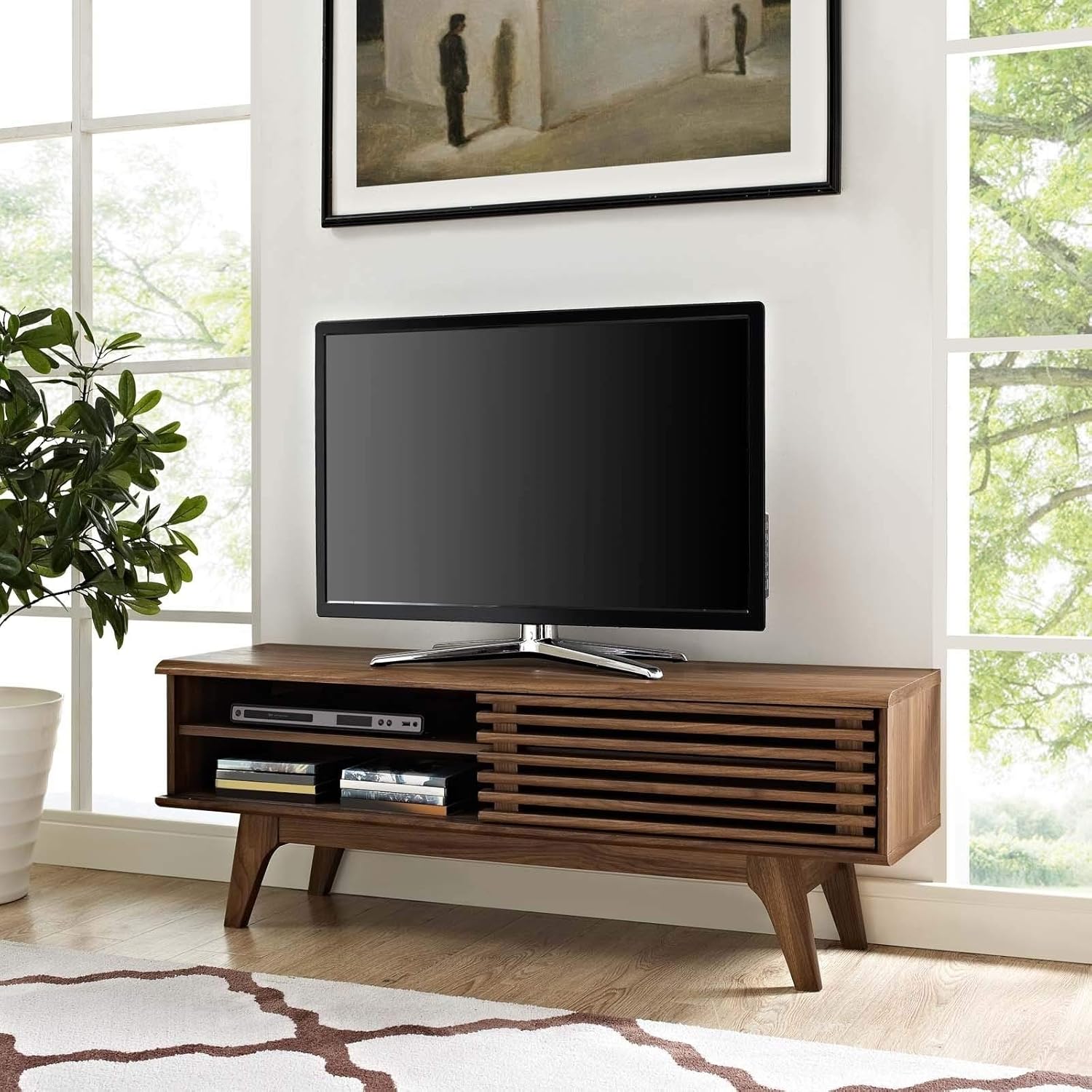 48-inch Tv Stand - 48" Cream Mid-Century Modern MDF Walnut Finish