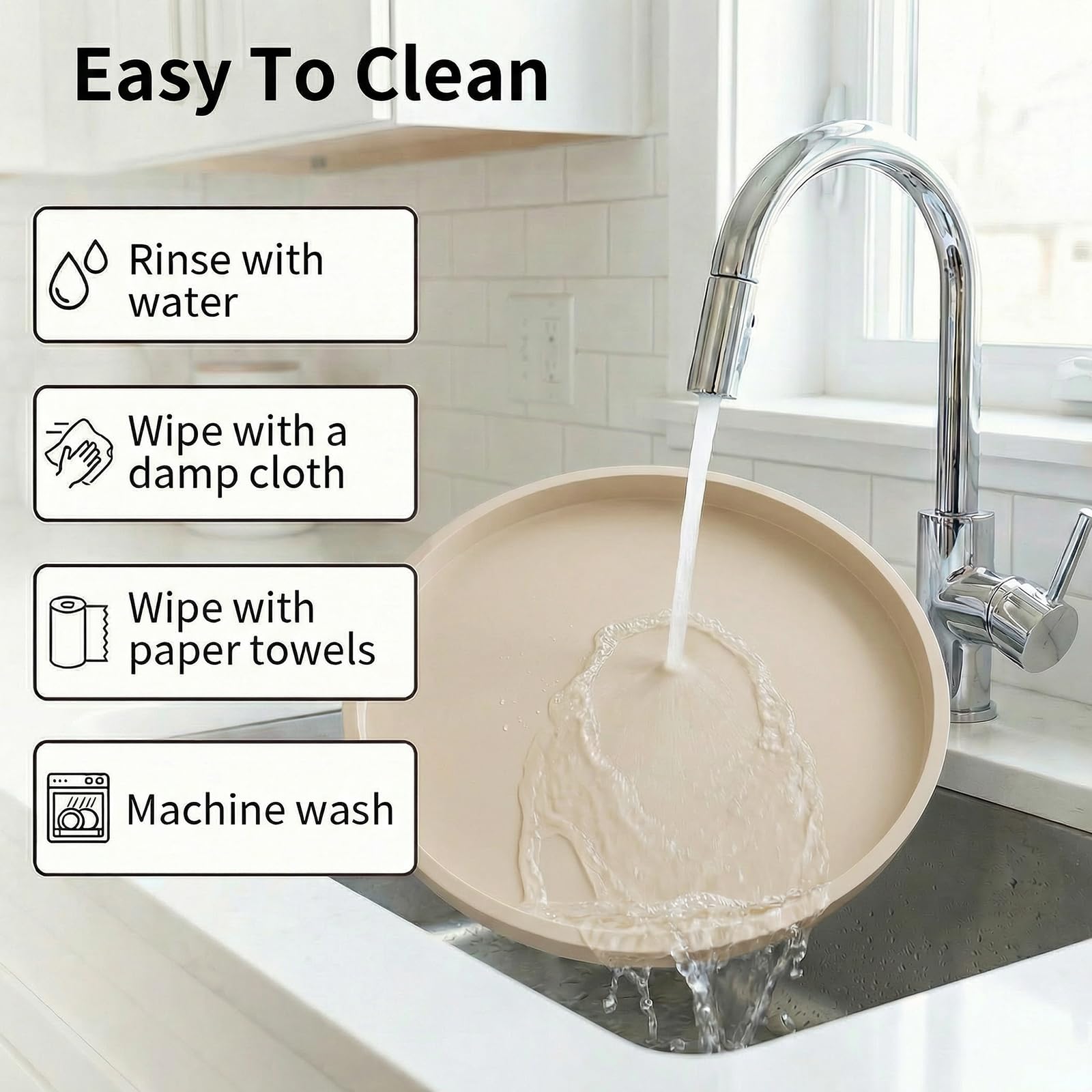 Dekorative Silikontablett, rundes Tablett mit 27 cm Durchmesser, Kosmetiktablett, rutschfest, leicht zu reinigen und bruchsicher, geeignet für Schlafzimmer, Wohnzimmer, Badezimmer (Beige) - 4