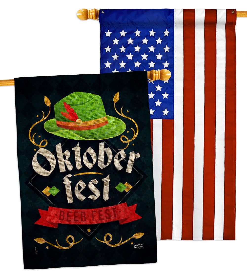 Oktober Fest Burlap House Flag Pack Beverages Beer Happy Hour Game Pong Party Ale Lager Craft Applique Decoration Banner Small Garden Yard Gift Double-Sided, Made in USA