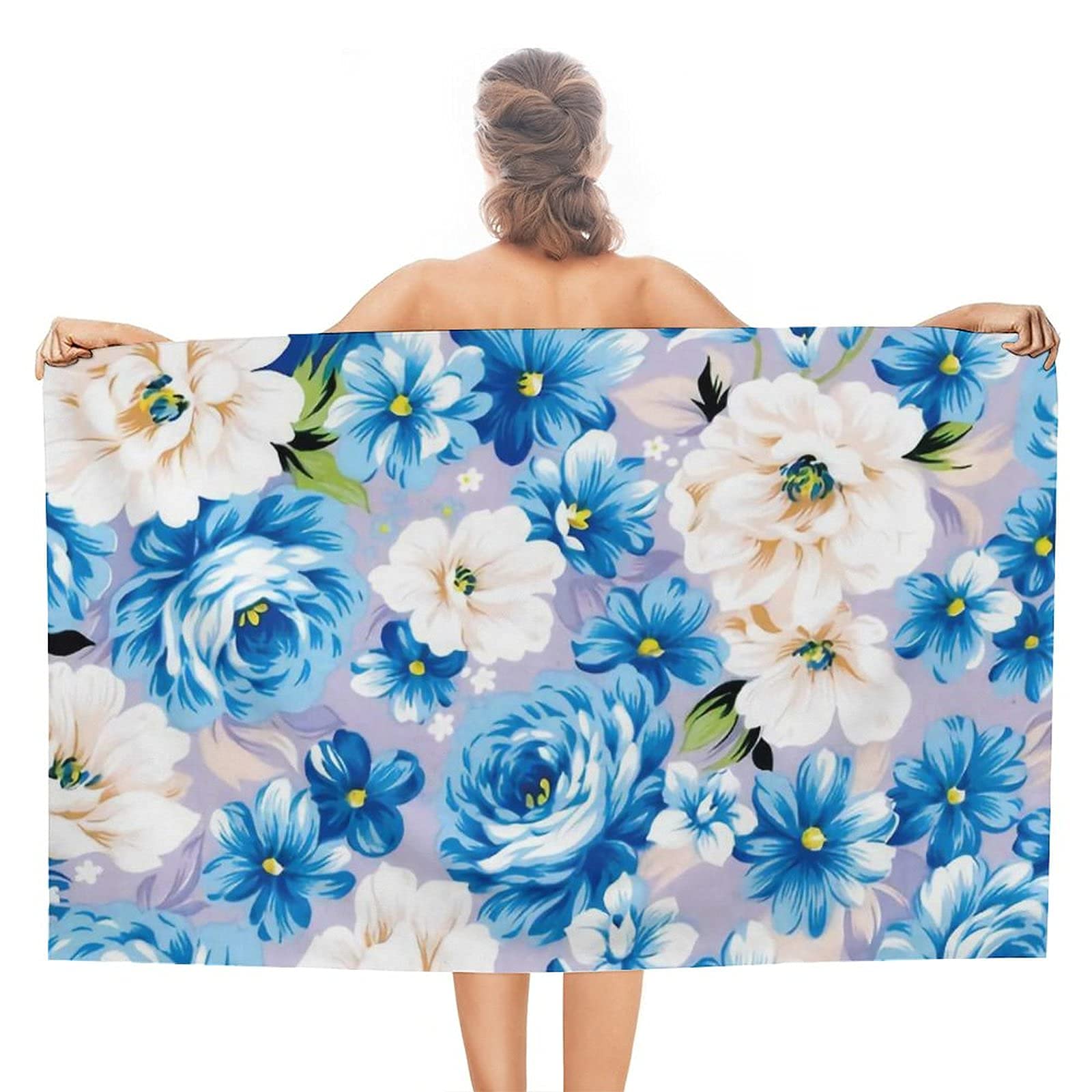 Lsjuee Blue White Watercolor Flower Beach Towel Teen Light Weight Superfine Fiber Beach Towel Men Microfiber for Hawaii Exercise or Training Picnic Honeymoon Beach Swimming Class Pool 32INx52IN
