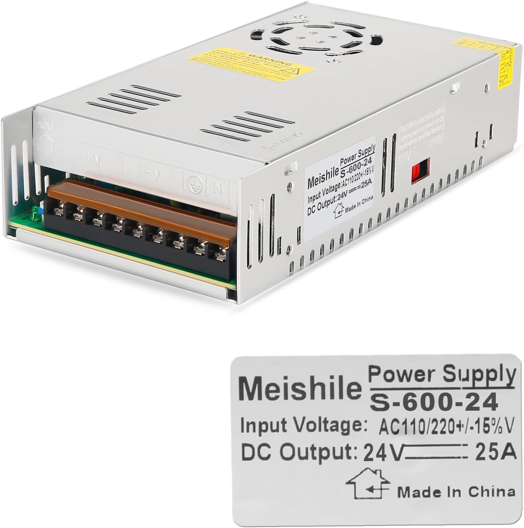 Upgraded DC 24V 25A 600W schakelvoeding AC 110V/230V naar DC 24V voeding, transformator met constante spanning, geschikt voor ledstrips, camera's, bewakingssystemen (DC24V-25A-600W