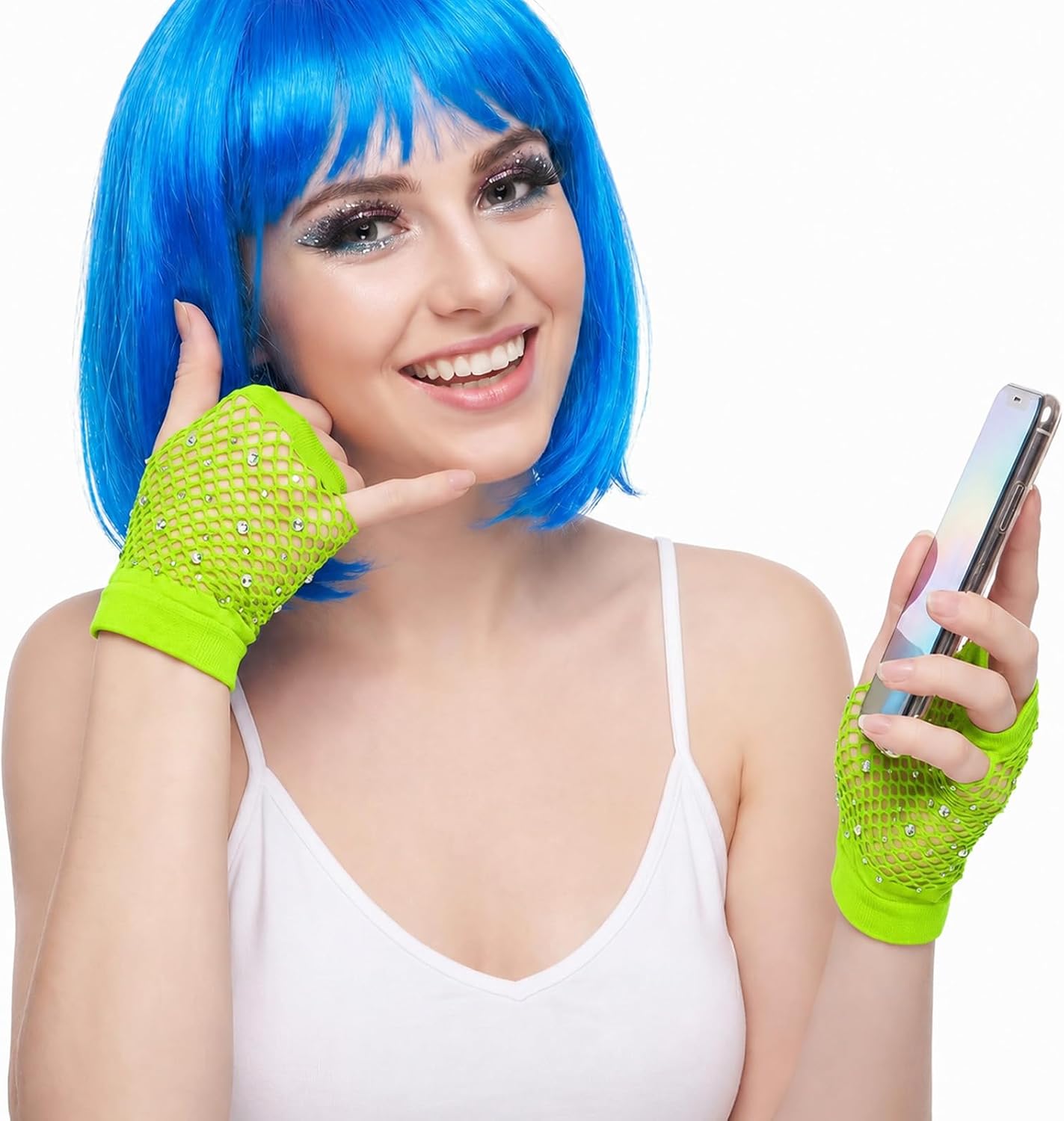 2Pair Rhinestone Fishnet Gloves, Fingerless Neon Short Mesh Gloves Retro Fingerless Glove 80s 90s Accessories(pink, green) image 2