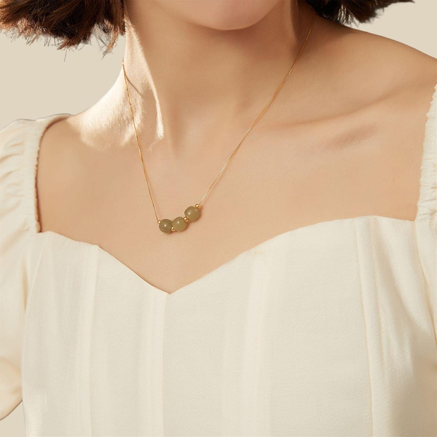 Natural Jade Pendant Dainty Gold Plated Necklace Green Hetian Jade Bead Chain Choker for Women Elegant Jewelry Gift for Mom Lover Her (925 Sterling Silver with Gold Plated) - Image 7