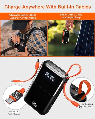 Miniatura 5 de Cargador portátil para portátil de 65 W  Banco de energía de 27,000 mAh con cables USB-C incorporados, 3 puertos de carga rápida total de 130 W para