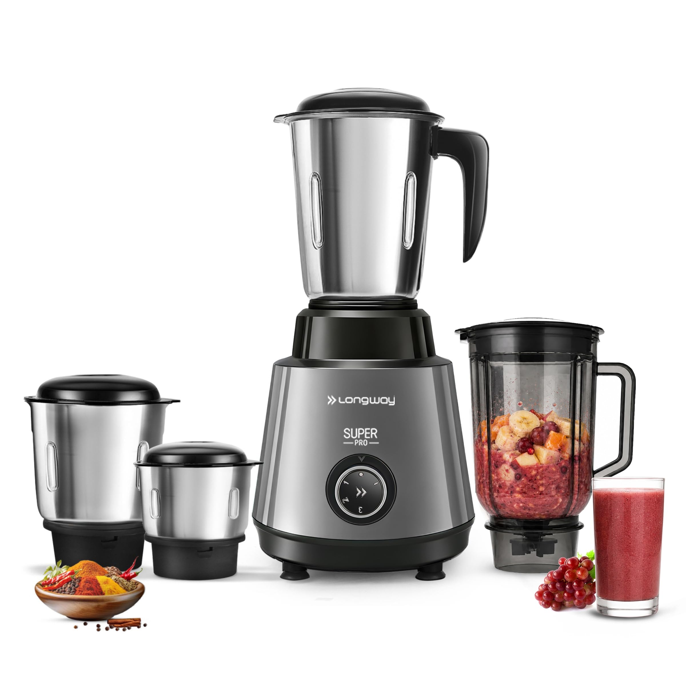 Longway Super Pro Juicer Mixer Grinder | Up to 750W Max Output Powerful Motor | 4 Jars for Grinding, Mixing, Juicing | 2 Years Warranty (Silver & Black)