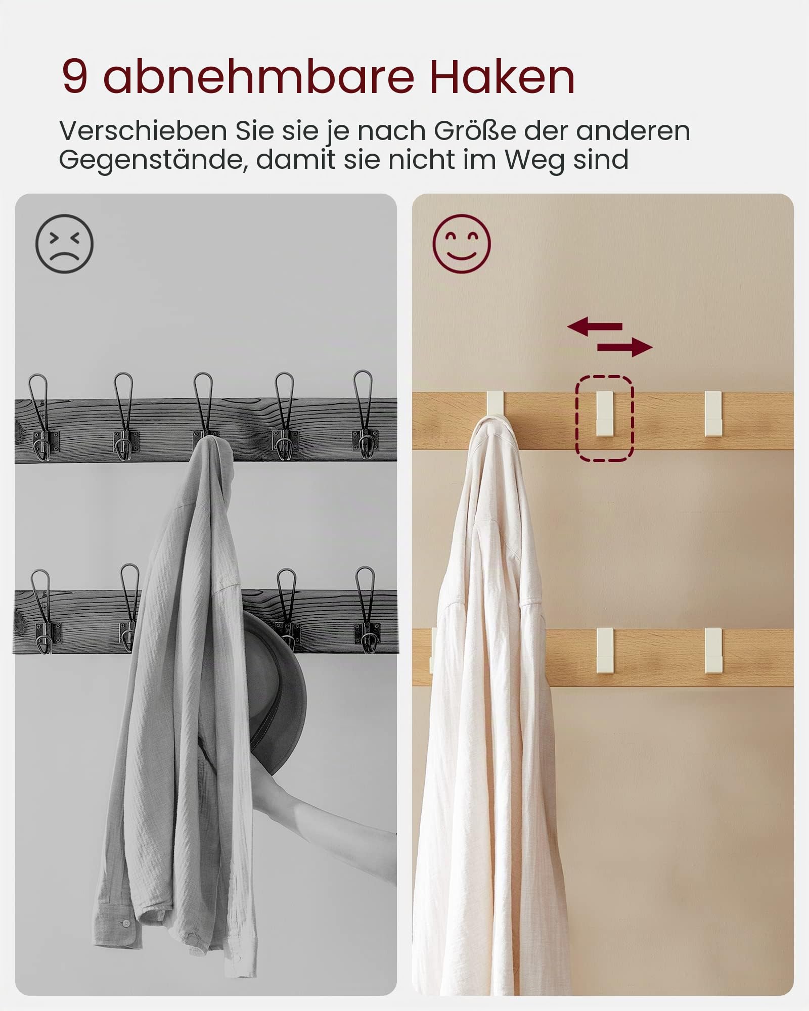 VASAGLE Garderobenständer, Garderobe, mit Schuhbank, 4-in-1 Design, 9 abnehmbare Haken, Kleiderstange, Eingangsbereich, Flur, 33,7 x 72 x 183 cm, modern, eichenfarben-weiß HSR40W