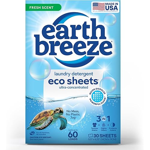 Earth Breeze Laundry Detergent Sheets Fresh Scent - 60 Loads Eco Liquidless Soap - Travel-Friendly for Hot & Cold Cycles, Tackles Tough Stains & Odors - Gentle on Skin, 30 Ct