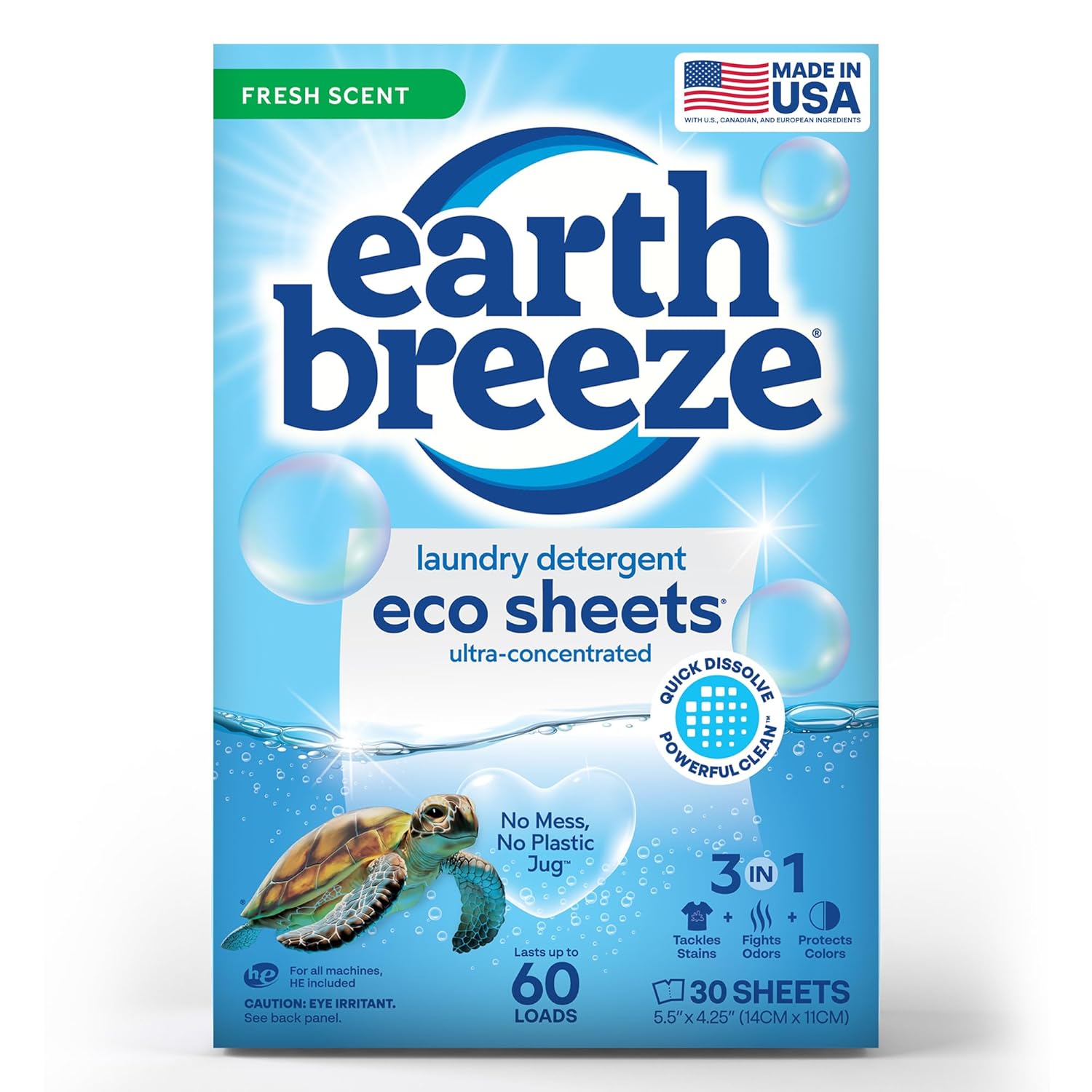 Earth Breeze Laundry Detergent Sheets Fresh Scent - 60 Loads Eco Liquidless Soap - Travel-Friendly for Hot Cold