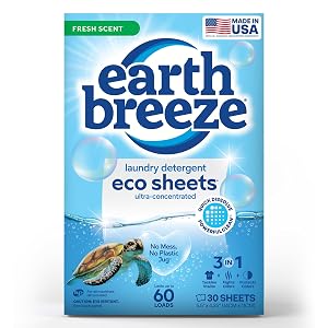 Earth Breeze Laundry Detergent Sheets Fresh Scent - 60 Loads Eco Liquidless Soap - Travel-Friendly for Hot Cold