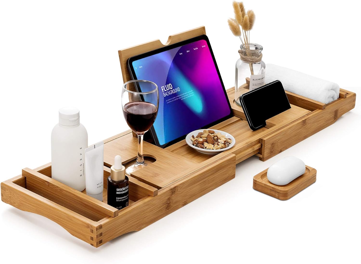 HBlife Bamboo Bathtub Caddy Tray [Durable, Non-Slip], One or Two Person Bath and Bed Tray, Extending Sides Fits Any Tub, Cellphone iPad and Wineglass Holder, Free Soap Holder -Natural Color: Home & Kitchen