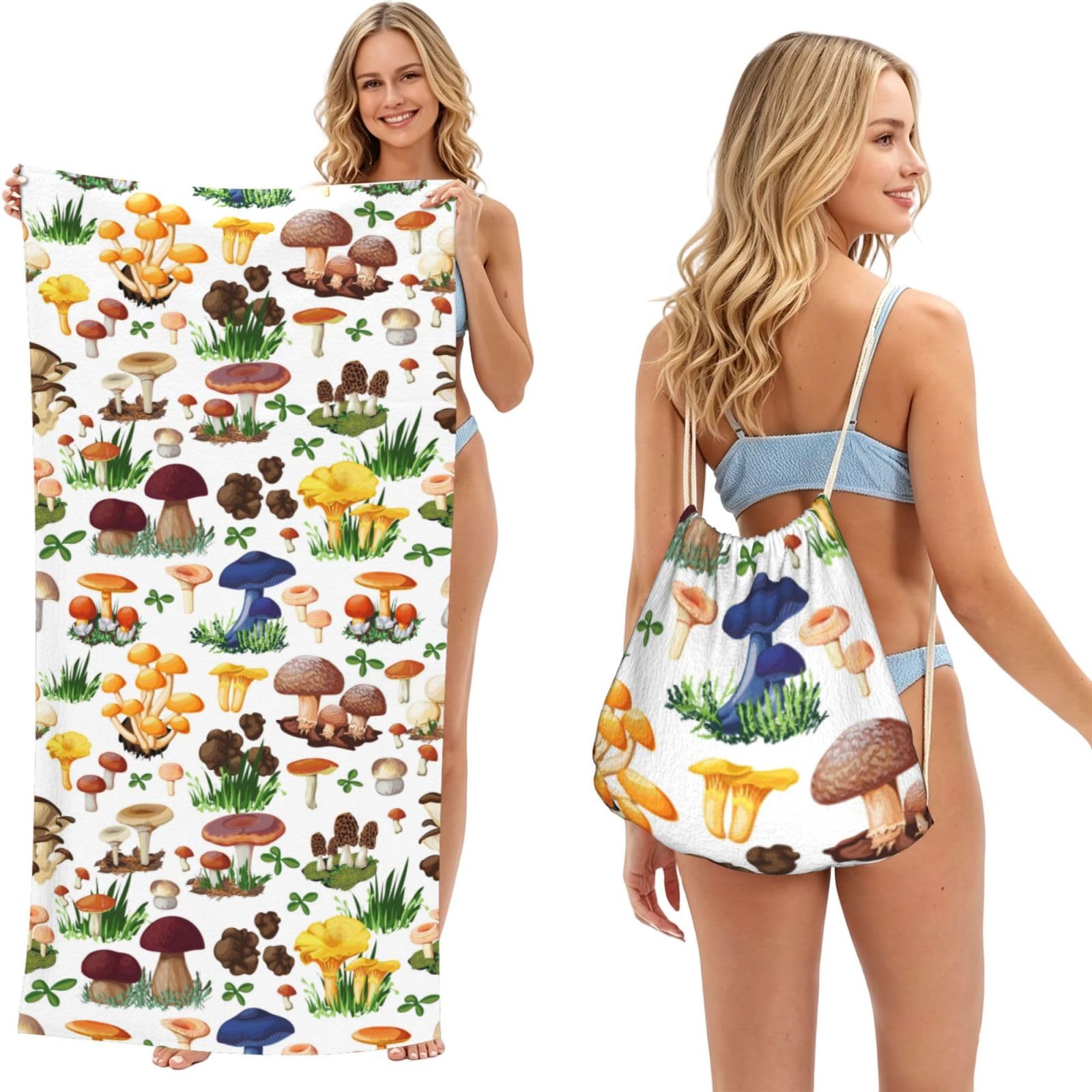Poadnly As Picture Japanese Painting Mushroom, 2 In 1 Packable Towel Bag, Beach Towels With Drawstring Backpack For Travel Holiday Camping