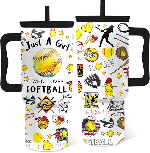 Softball Tumbler with Handle 24 Oz, Softball Gifts for Girls Women Mom Player Coach Sports Lover, Stainless Steel Insulated Softballs Coffee Mug Stuff for Birthday