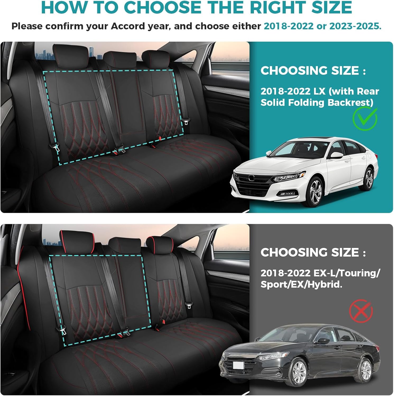 custom for honda accord seat covers lx 2018 2019 2020 2021 2022, faux leather car seats cover full set (rear row w/solid folding backrest)-blackred black red 2018-2022 lx (rear row w/solid folding backrest)