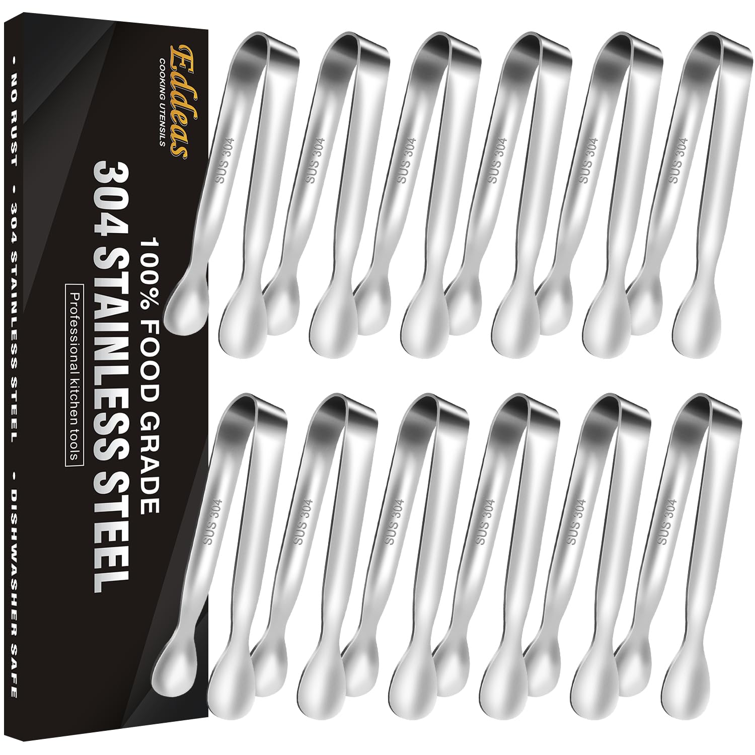 Eddeas Mini Tongs For Serving Food，Set fo 12 Small Tongs For Appetizers，Small Stainless Steel Metal Cooking Tong，for Tea Party Coffee Bar, 4 inch Sugar Tong - Silver