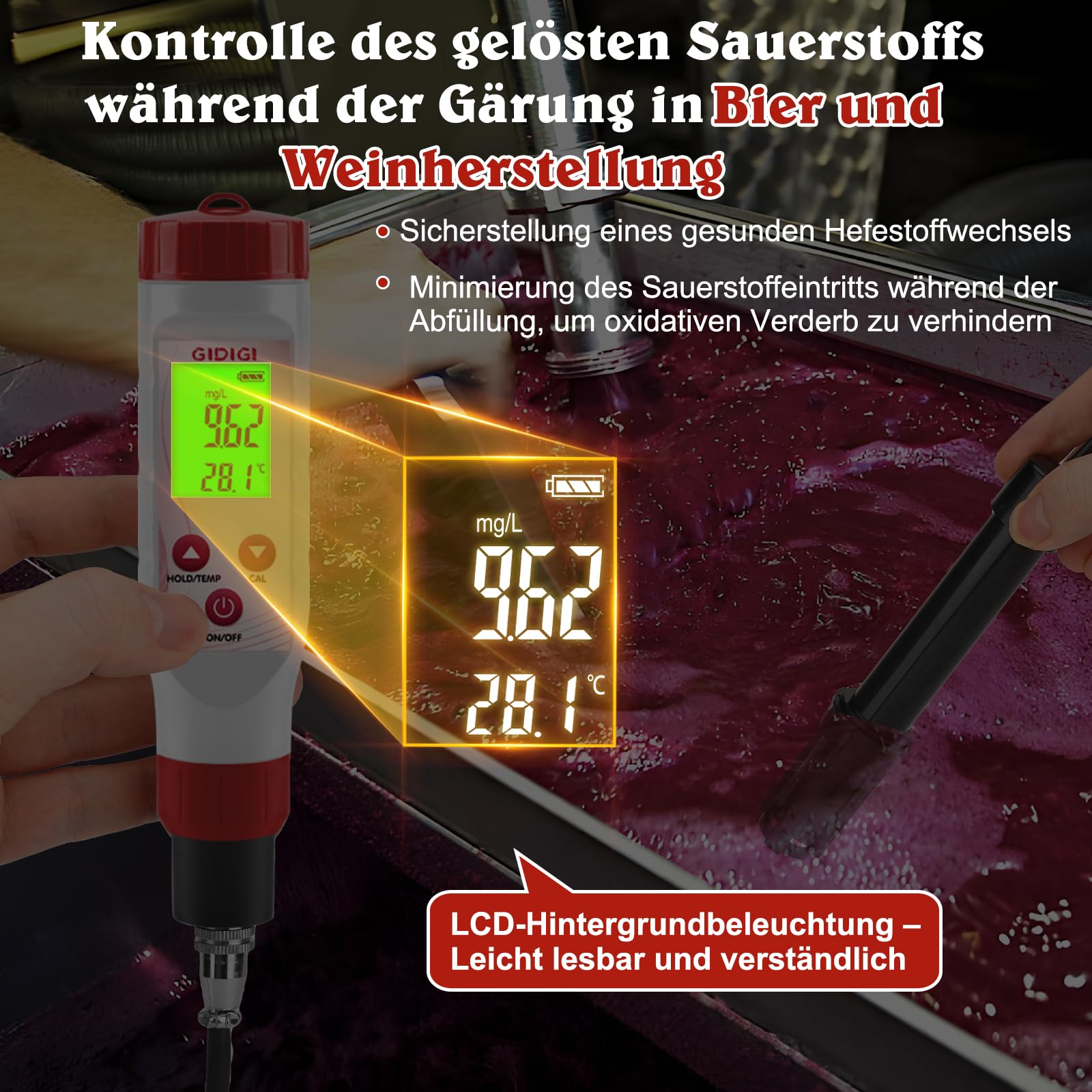 Sauerstoffmessgerät DO-Messgerät mit austauschbarer Membrankappe 0,0–40,0 mg/l für Teich Aquarium Abwasser